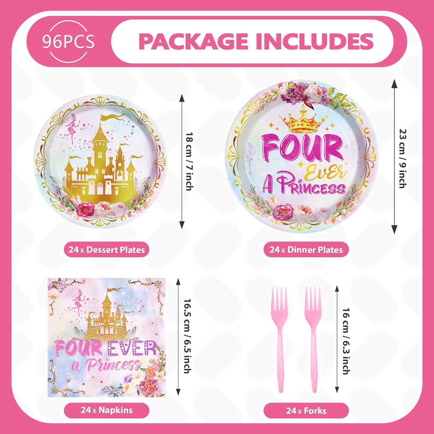 98 Pcs Princess Birthday Party Set Plates Napkins Tableware for 24 Guests