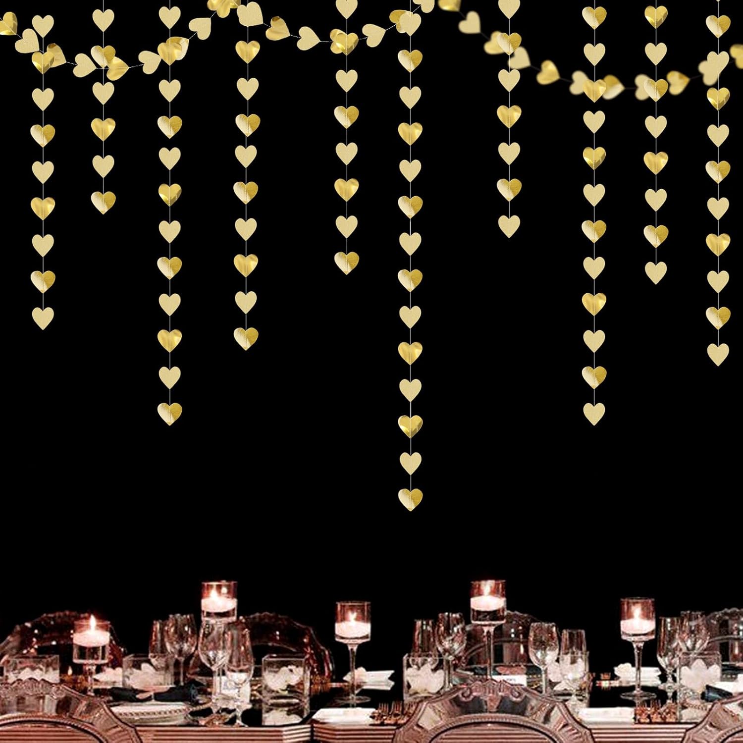 Glitter Champagne Gold Heart Garland 52ft Hanging Streamers Decor
