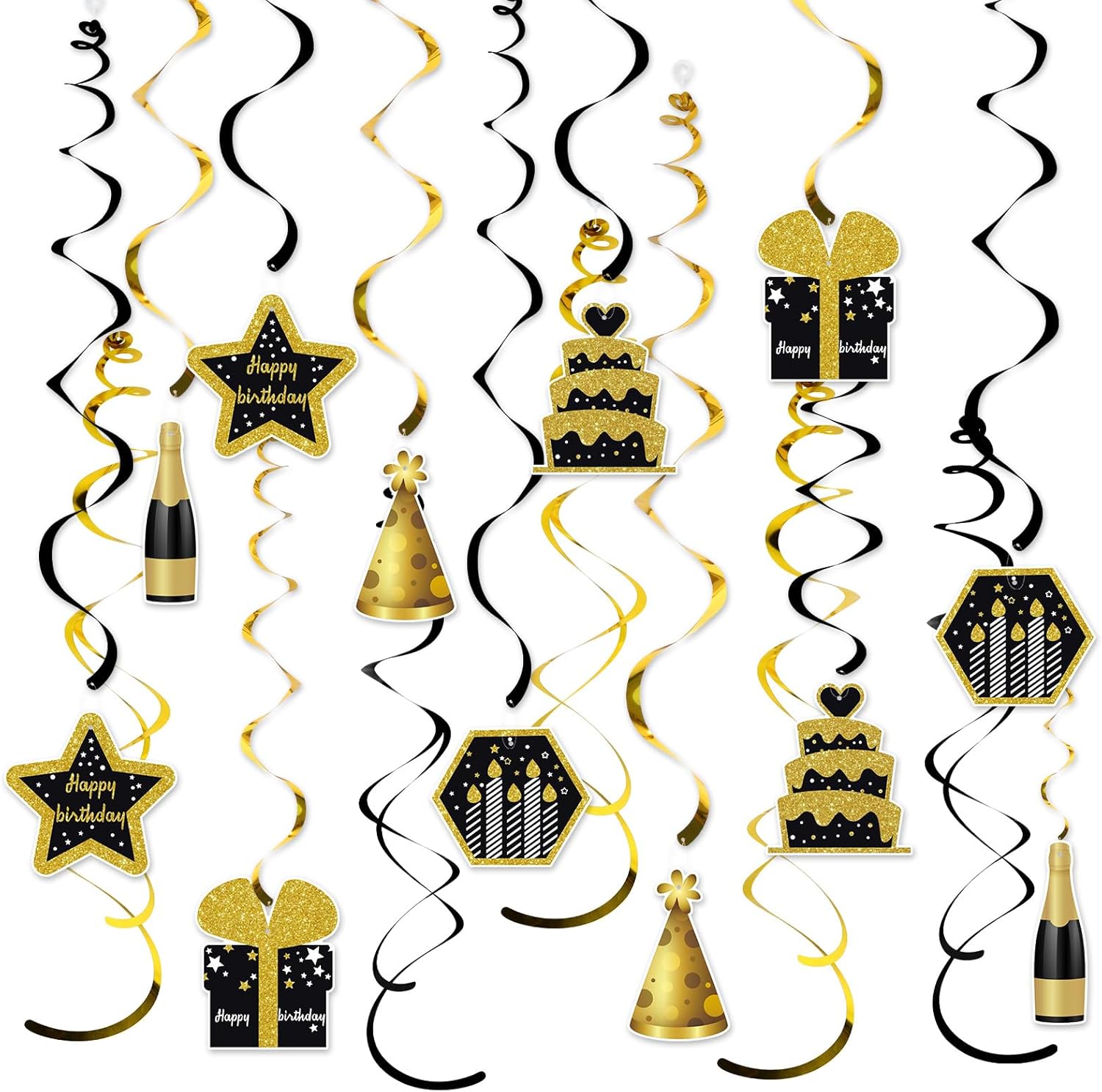 Gold and Black Birthday Ceiling Streamers 18Pcs