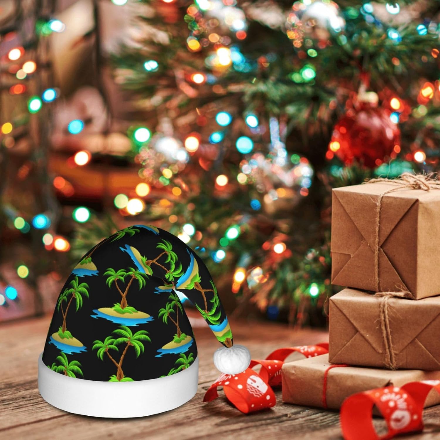 3D Palm Tree Christmas Santa Hat Plush Funny Adult Headwear