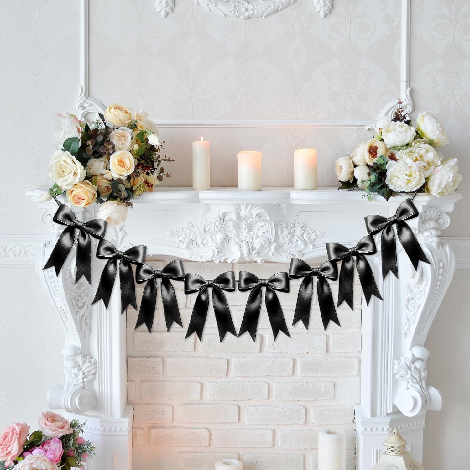 Eonsui 16PCS Black Bow Garland Pre-Strung Decor