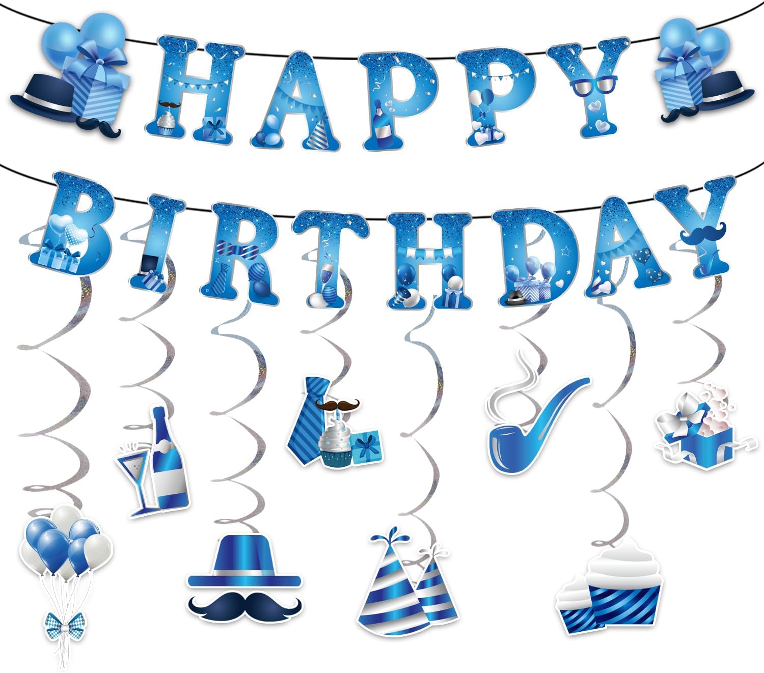 Silver Blue Birthday Decorations 8PCS Hanging Streamers Banner Set