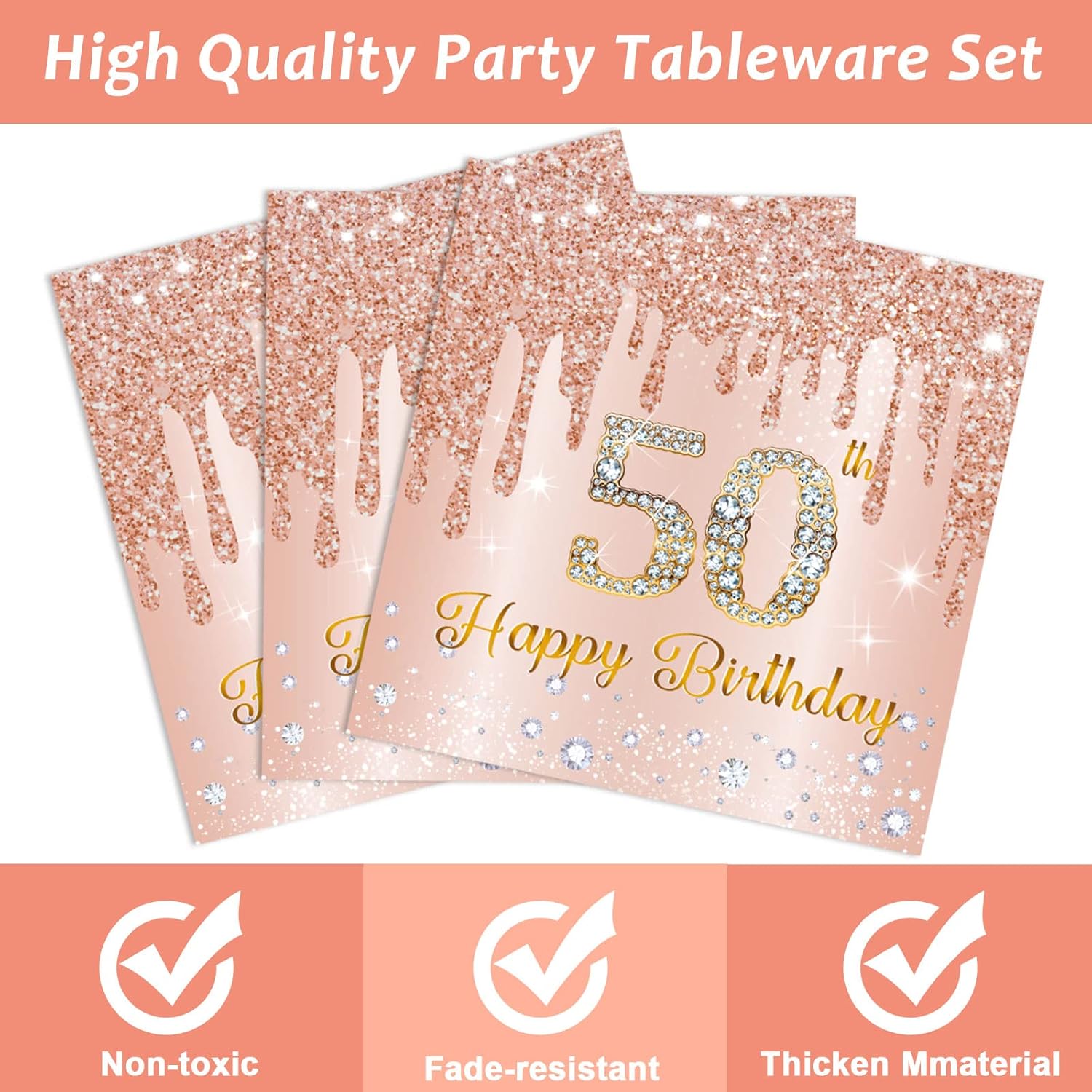 96 Piece 50th Birthday Tableware Set Pink Rose Gold