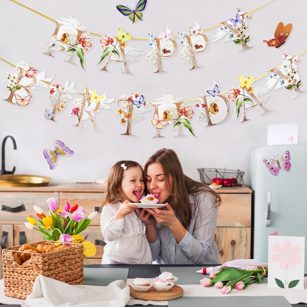 Flower Butterfly Happy Birthday Banner for 1st to 70th Birthday Party
