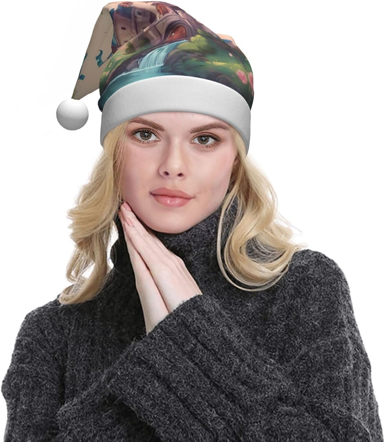 Cute Fairy Tale Castle Print Santa Hat Plush for Adults