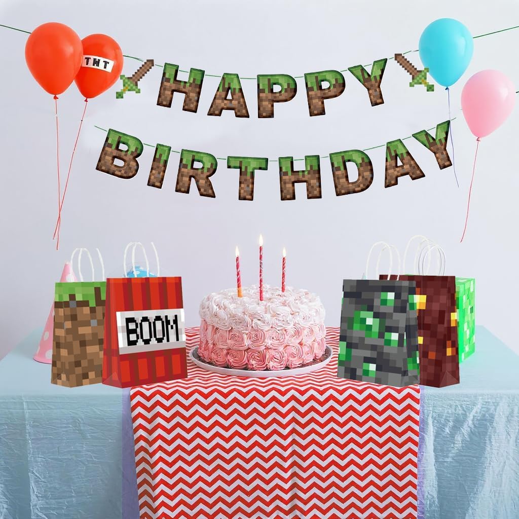 Pixel Birthday Decorations Happy Birthday Banner Mining Theme Party Supplies