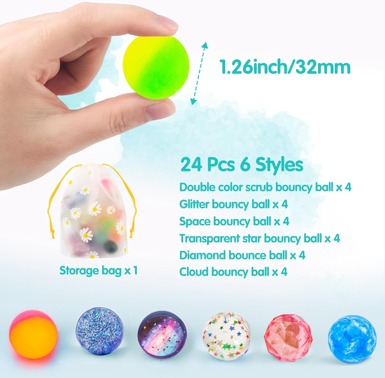 24 Pack Bouncy Balls 32mm 6 Styles Party Favors for Kids