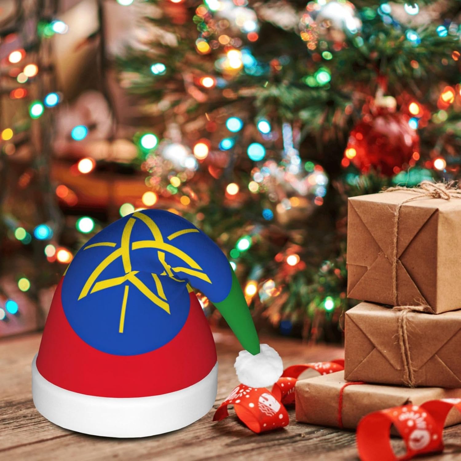 Ethiopia Flag Print Christmas Santa Hat with LED Lights
