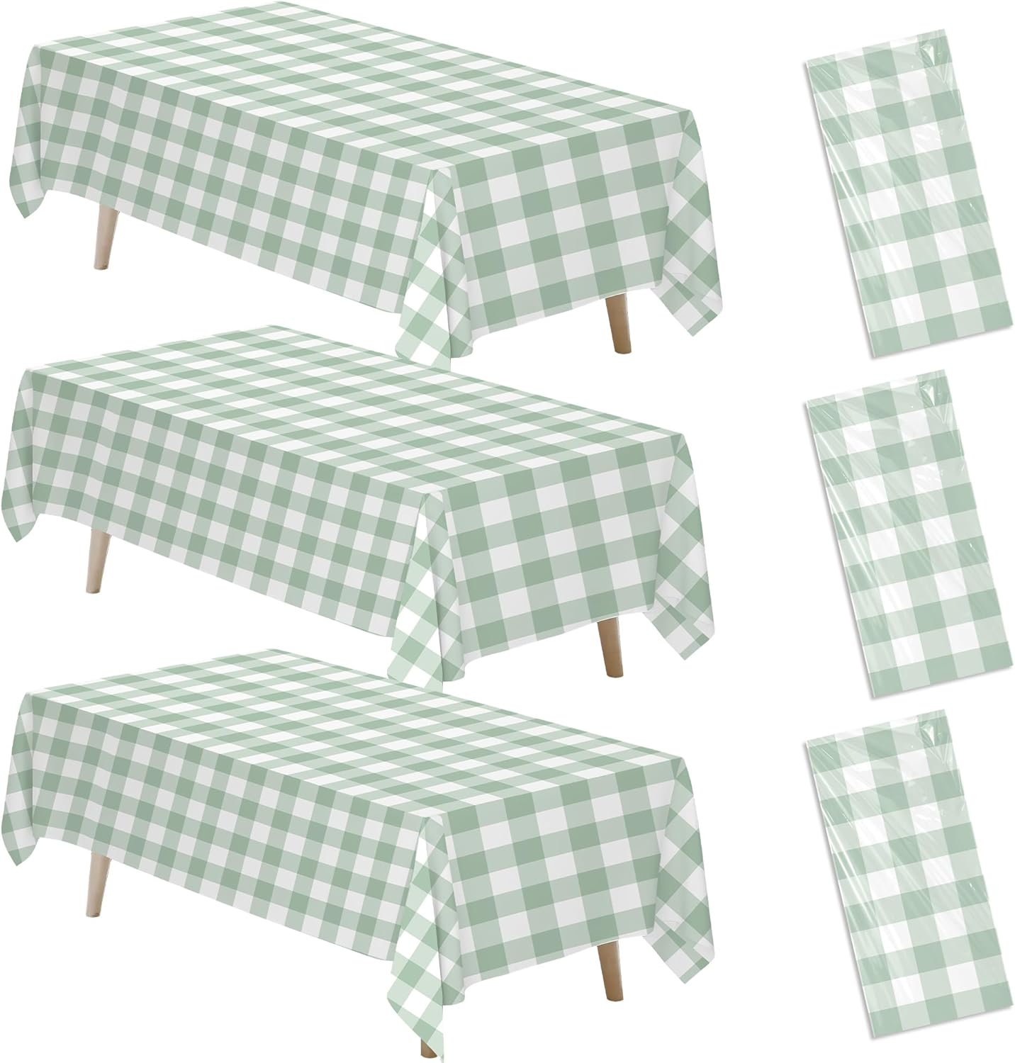 Sage Green Gingham Tablecloth 3 Pack for Birthday and Baby Shower