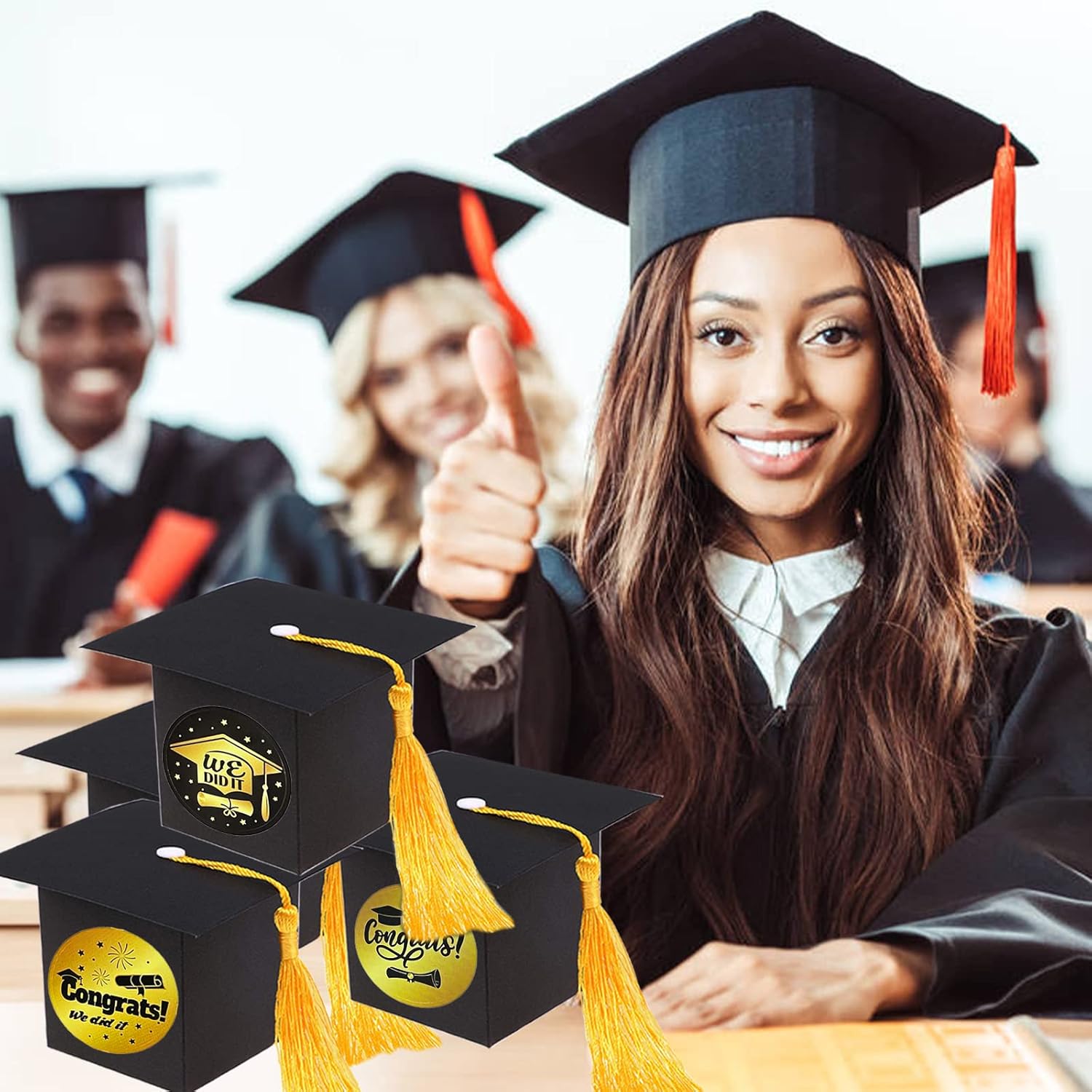 BESSEEK 30Pcs Black Graduation Cap Candy Boxes with Yellow Tassel