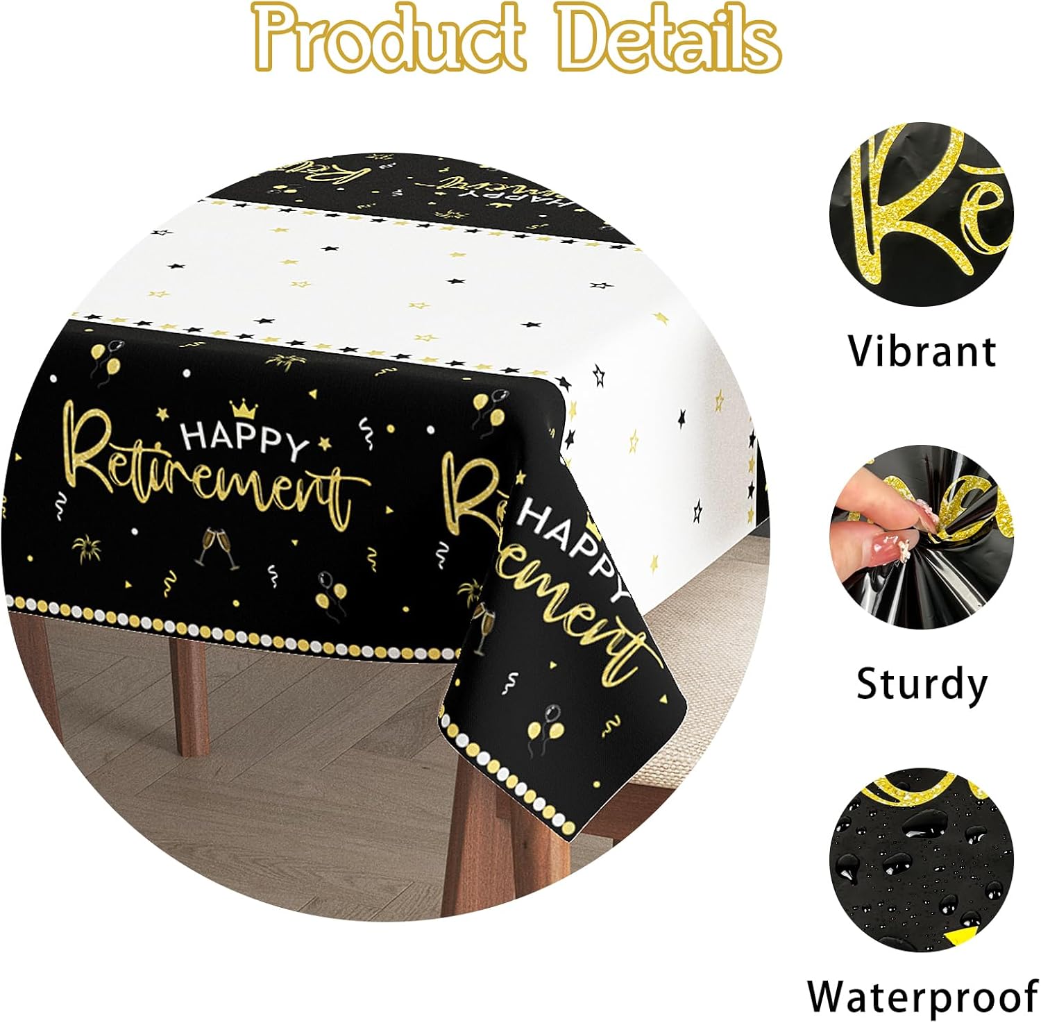 3 Pack Happy Retirement Tablecloth Black Gold 54x108 Inch