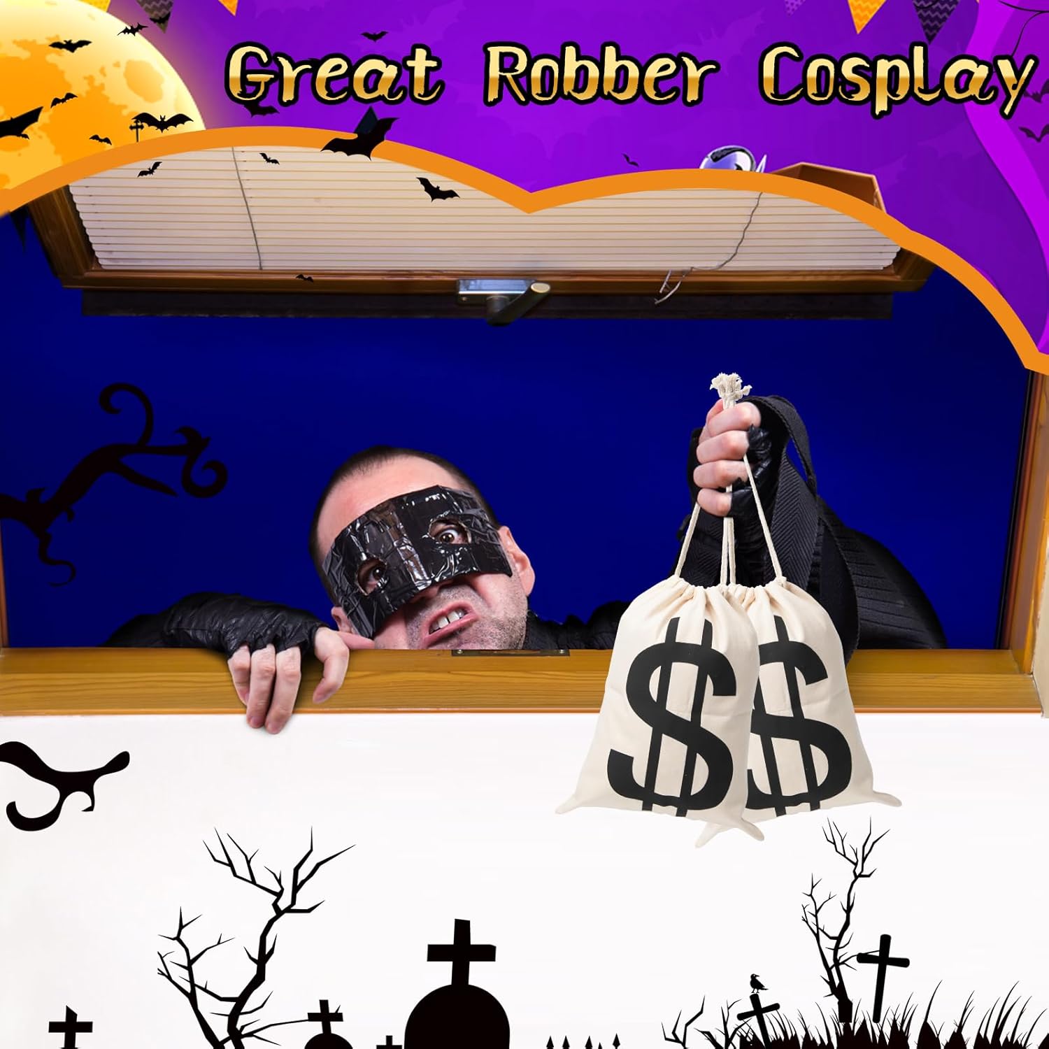 4Pcs Halloween Canvas Money Bags with Dollar Sign for Costume Parties