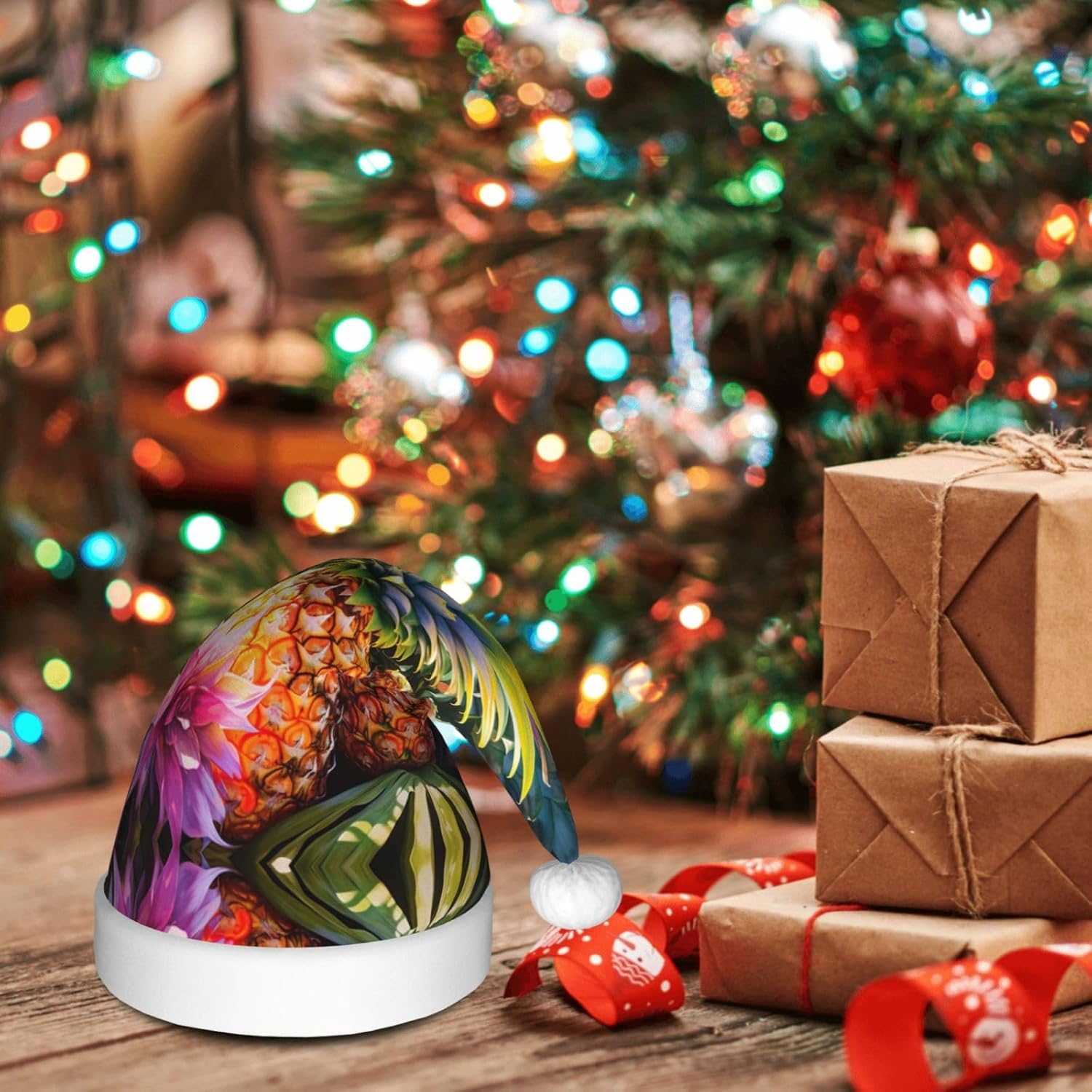 Pineapple Print Christmas Santa Hat Plush for Adults