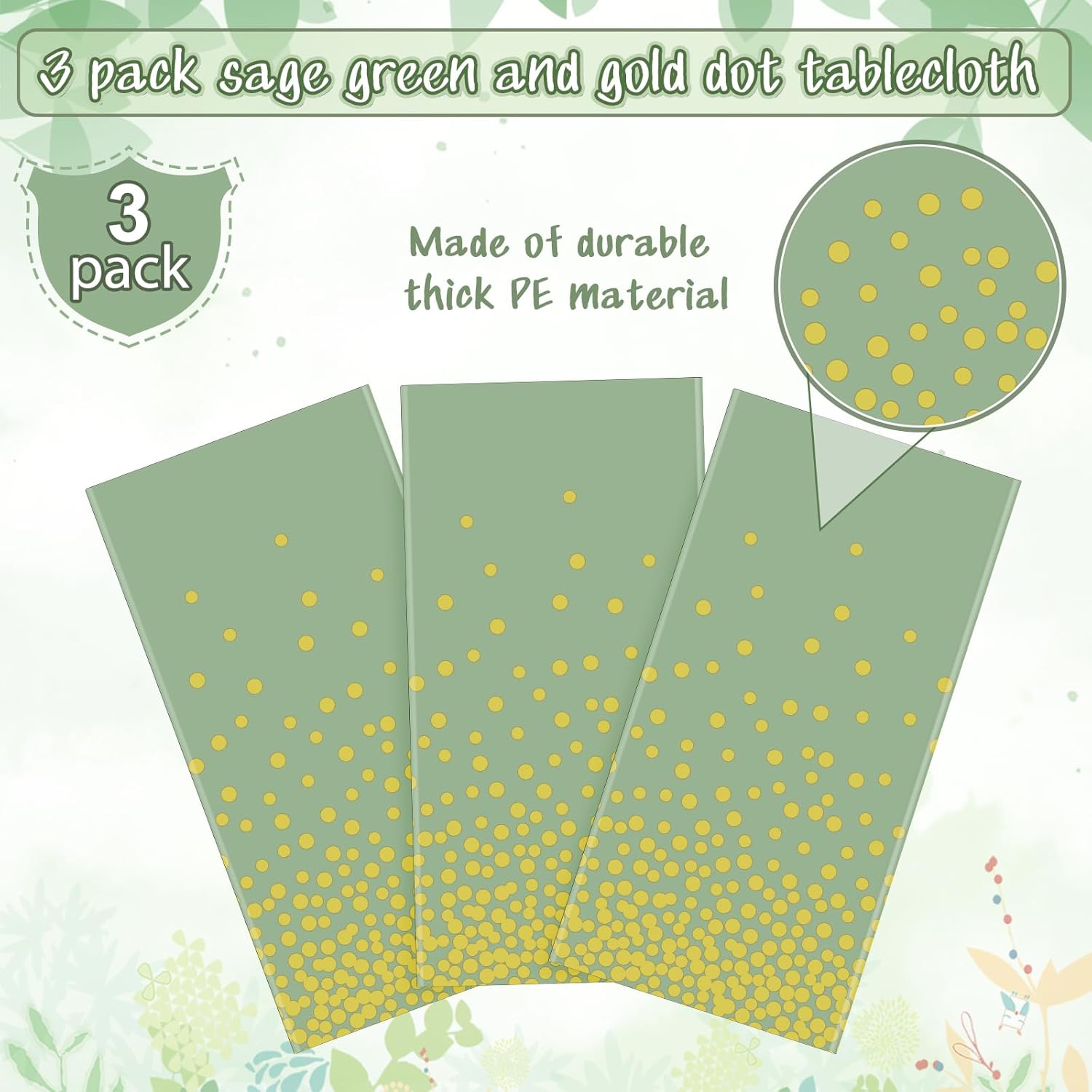 FunnyPars 3 Pack Sage Green Gold Tablecloth 54x108