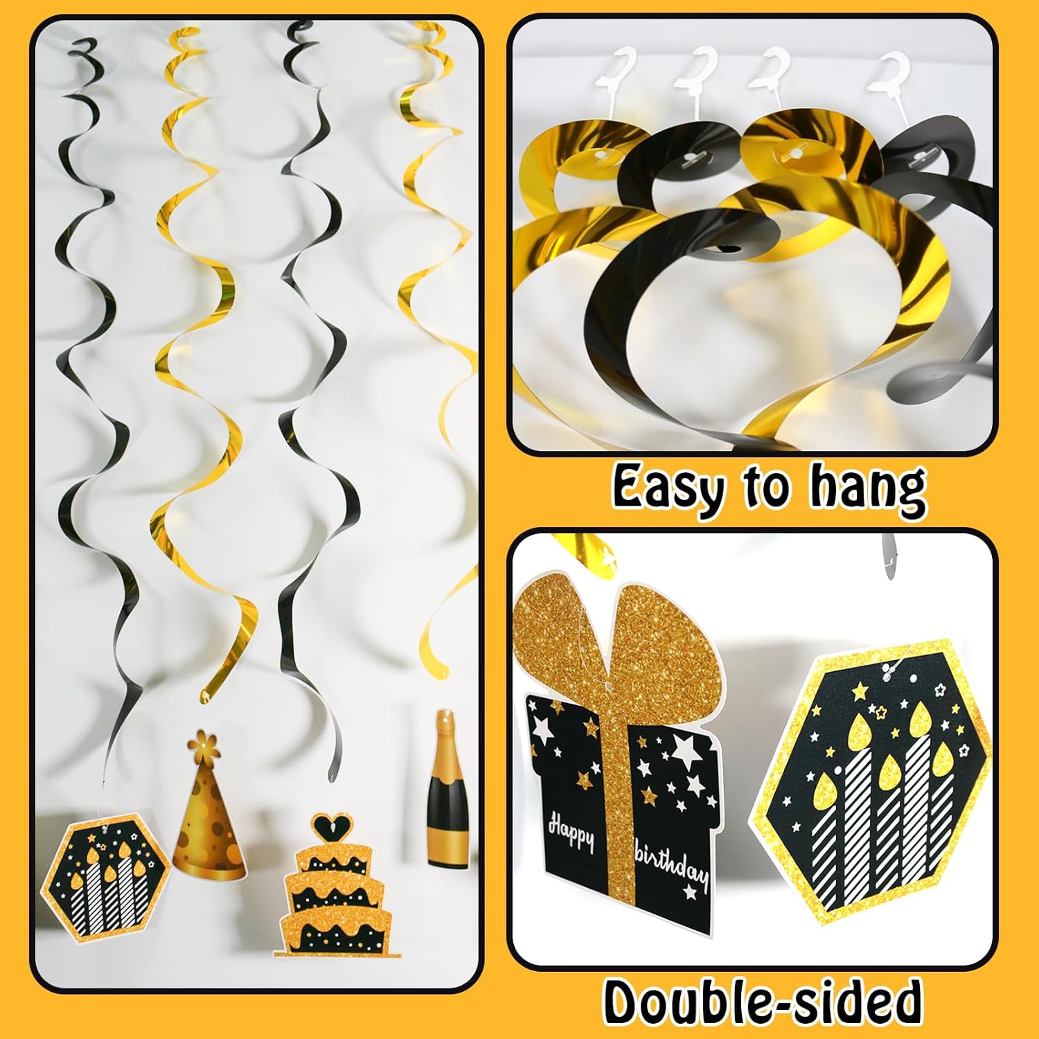 Gold and Black Birthday Ceiling Streamers 18Pcs