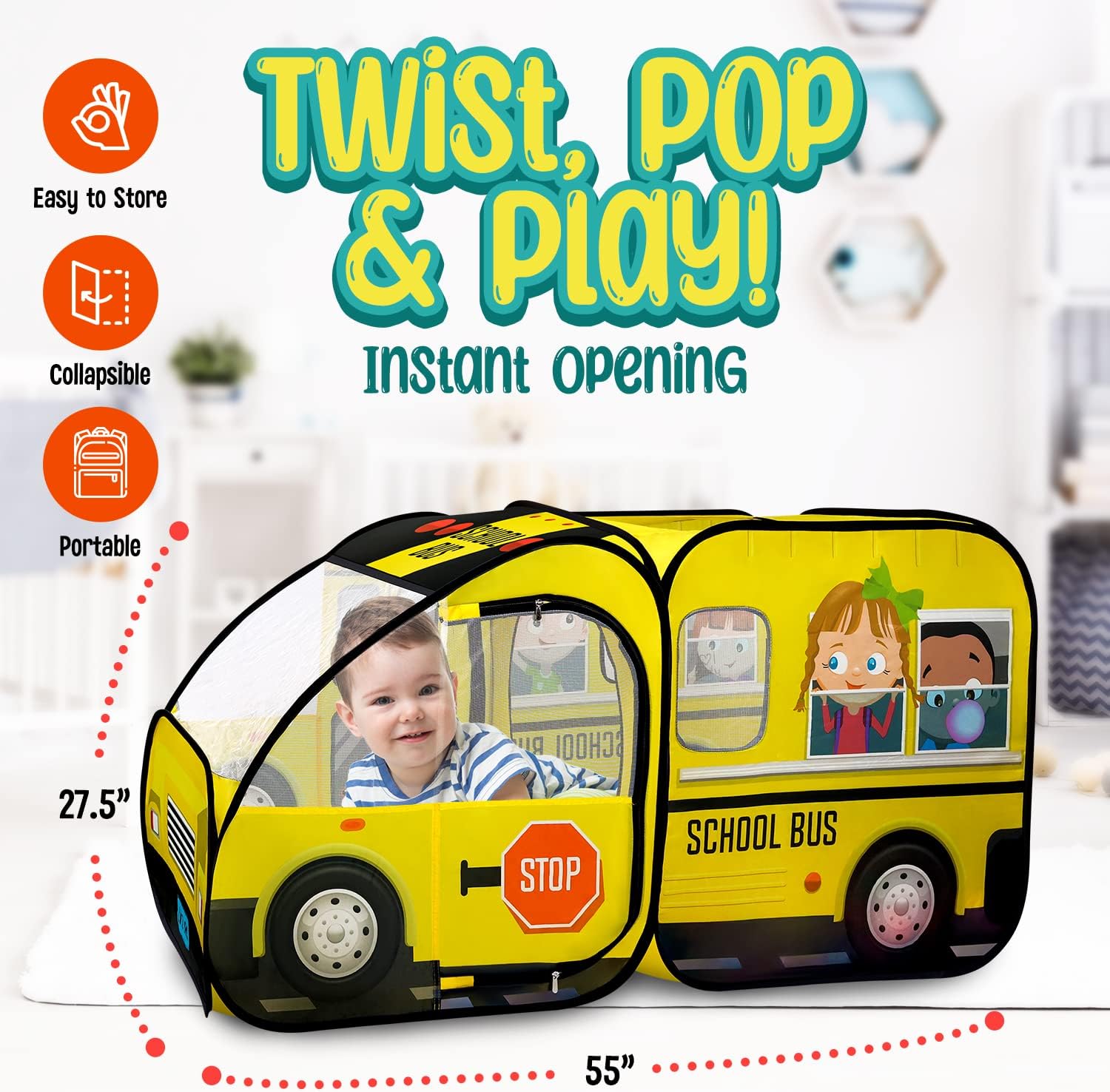Kiddzery School Bus Pop Up Play Tent for Kids