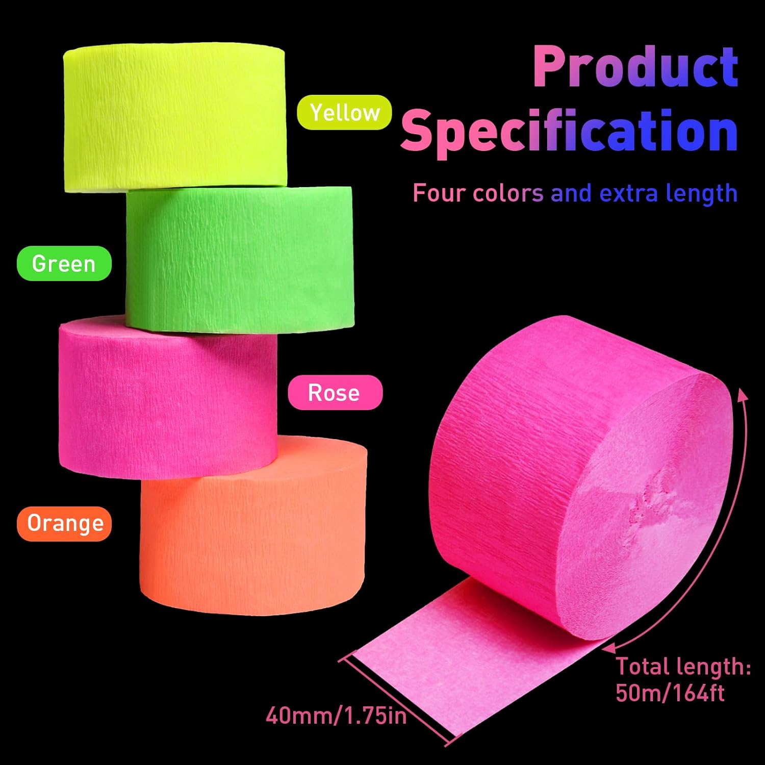 Neon Streamers Glow in The Dark Crepe Paper Set