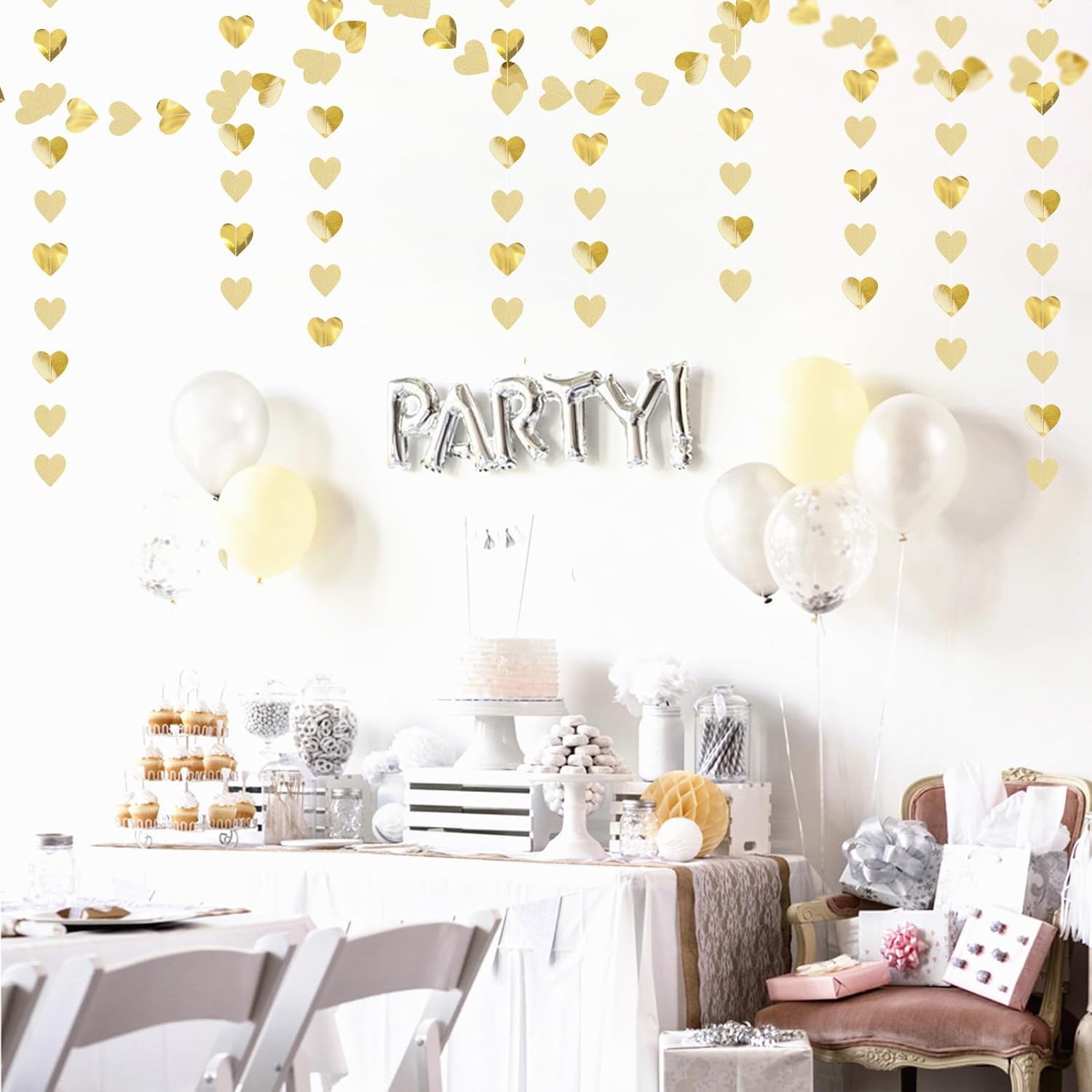Glitter Champagne Gold Heart Garland 52ft Hanging Streamers Decor