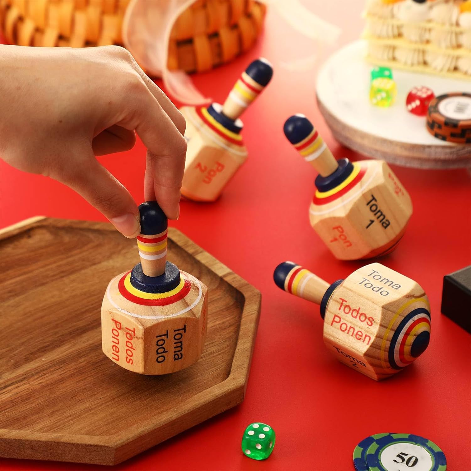 Poen 5 Piece Wooden Toma Todo Set Classic Mexican Spinning Top Game