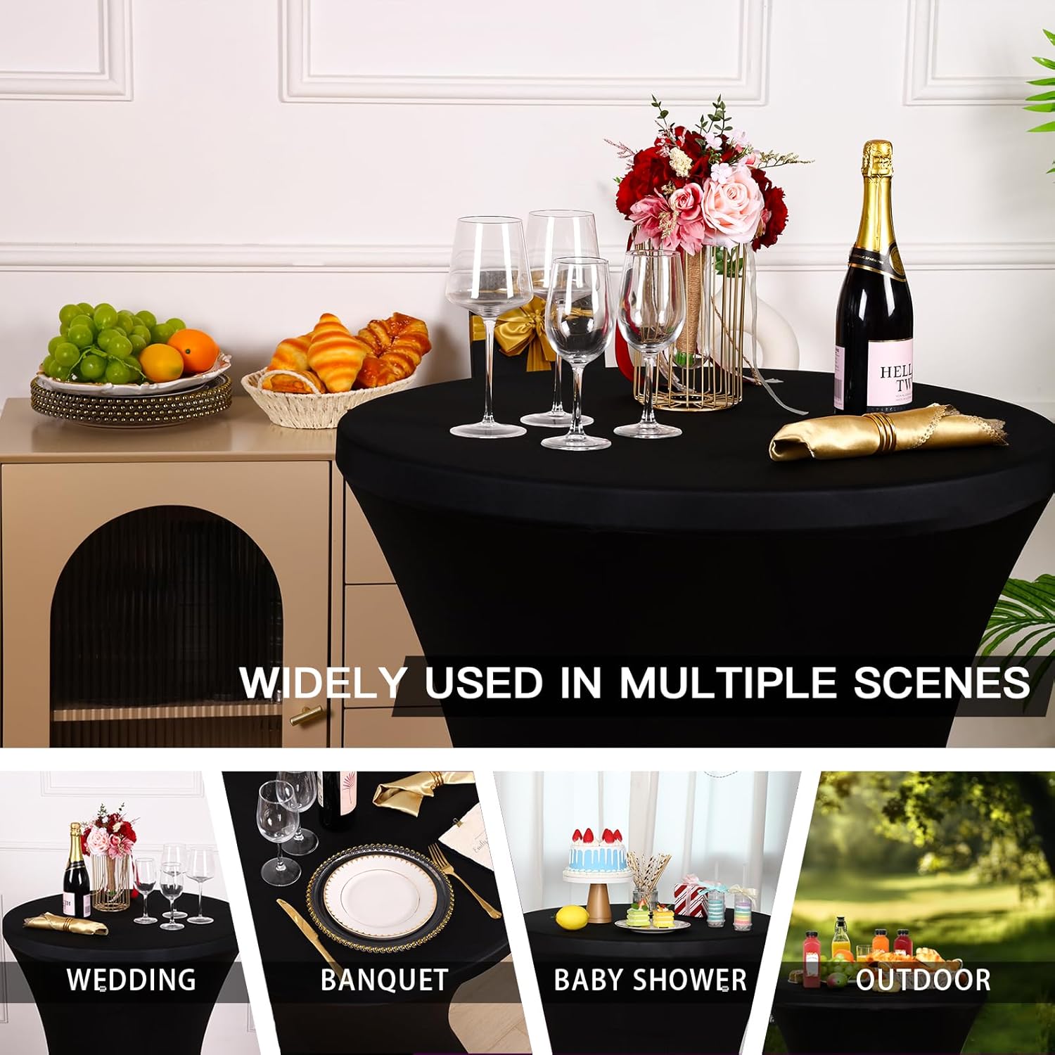 Fixwal 4 Pack Spandex Cocktail Table Covers Black Stretch Round