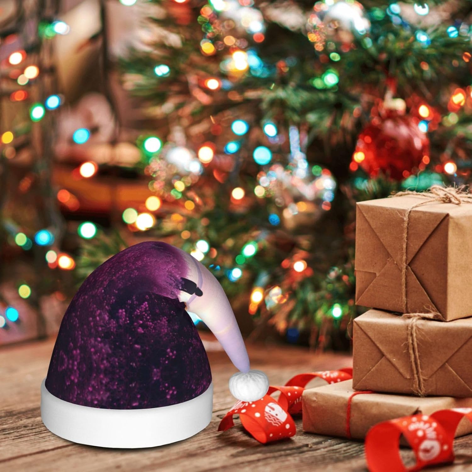 Purple Print Christmas Santa Hat Plush Funny for Adult Party