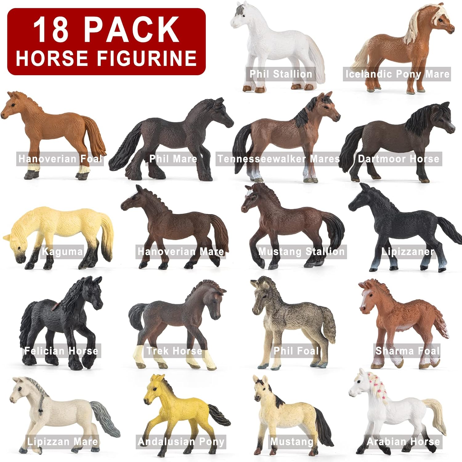 18 Pcs Plastic Realistic Pony Horse Toy Figures Set
