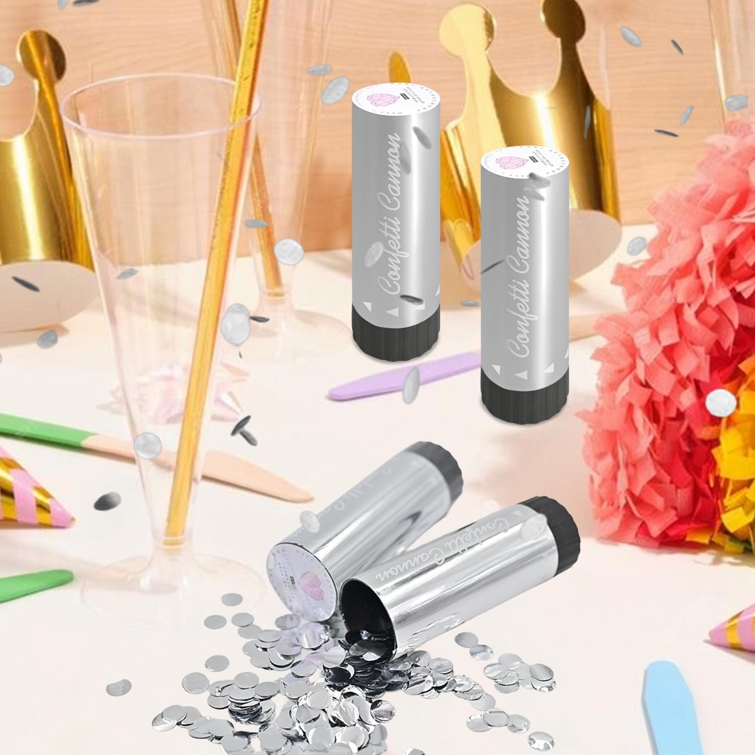 Silver Confetti Poppers 24 Pack for Parties