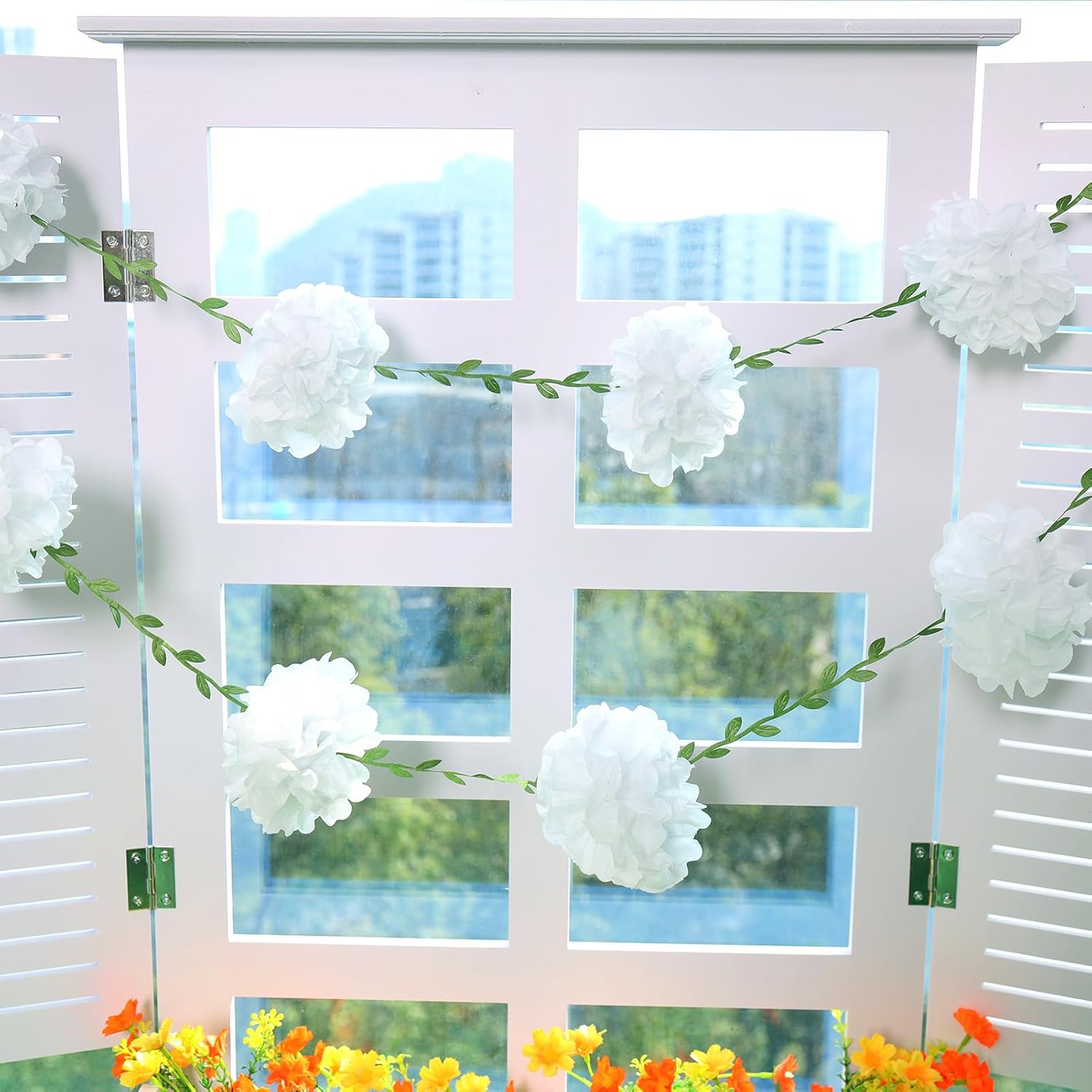 Homarkable Tissue Paper Pom Pom Garland with Green Leaves