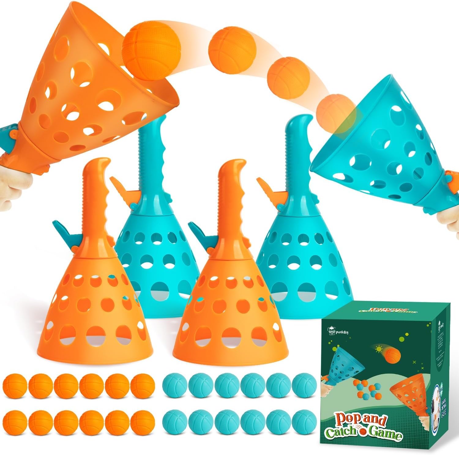 Punkdog Pop and Catch Ball Game with 24 Balls and 4 Launchers