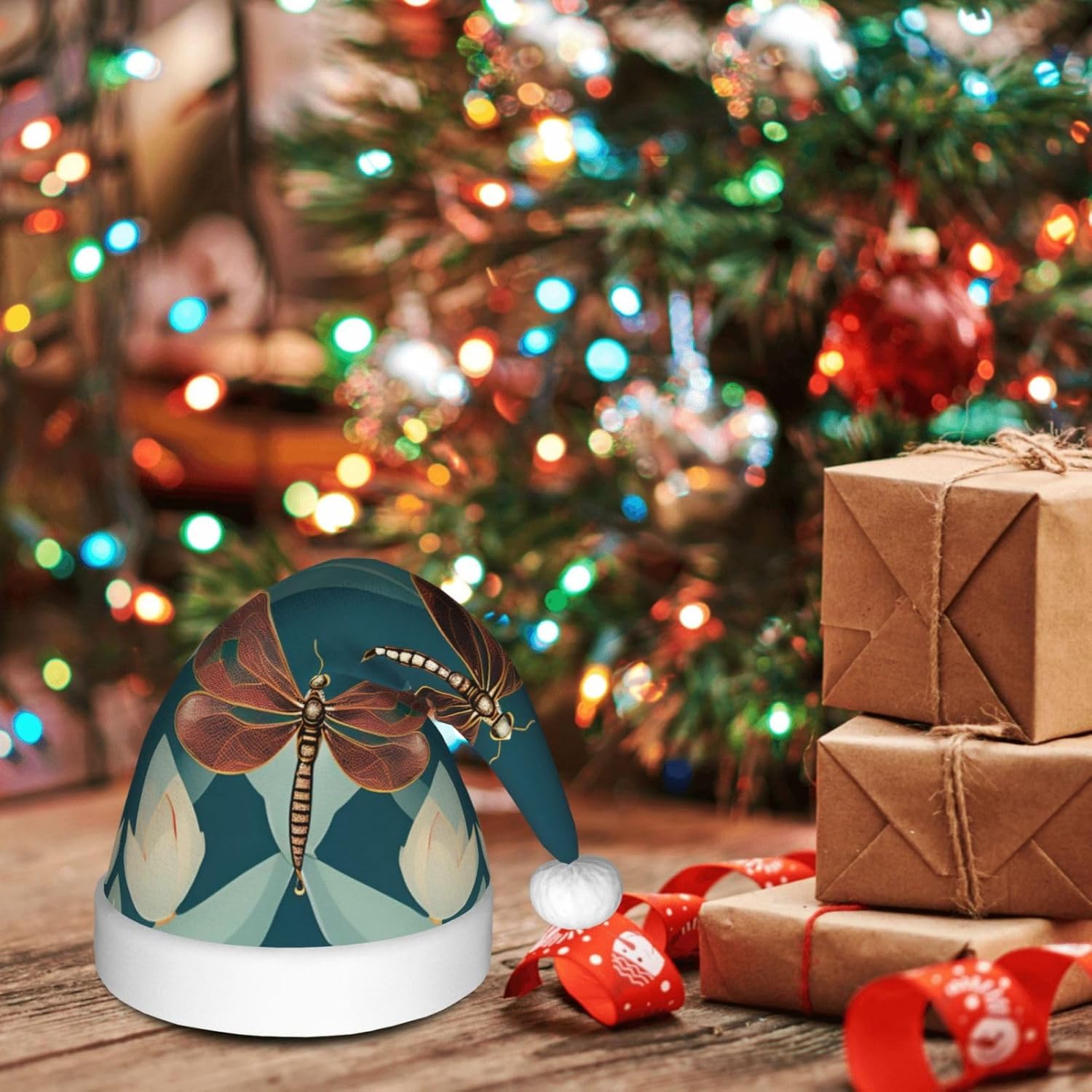 Dragonfly and Lotus Print Christmas Santa Hat for Adult