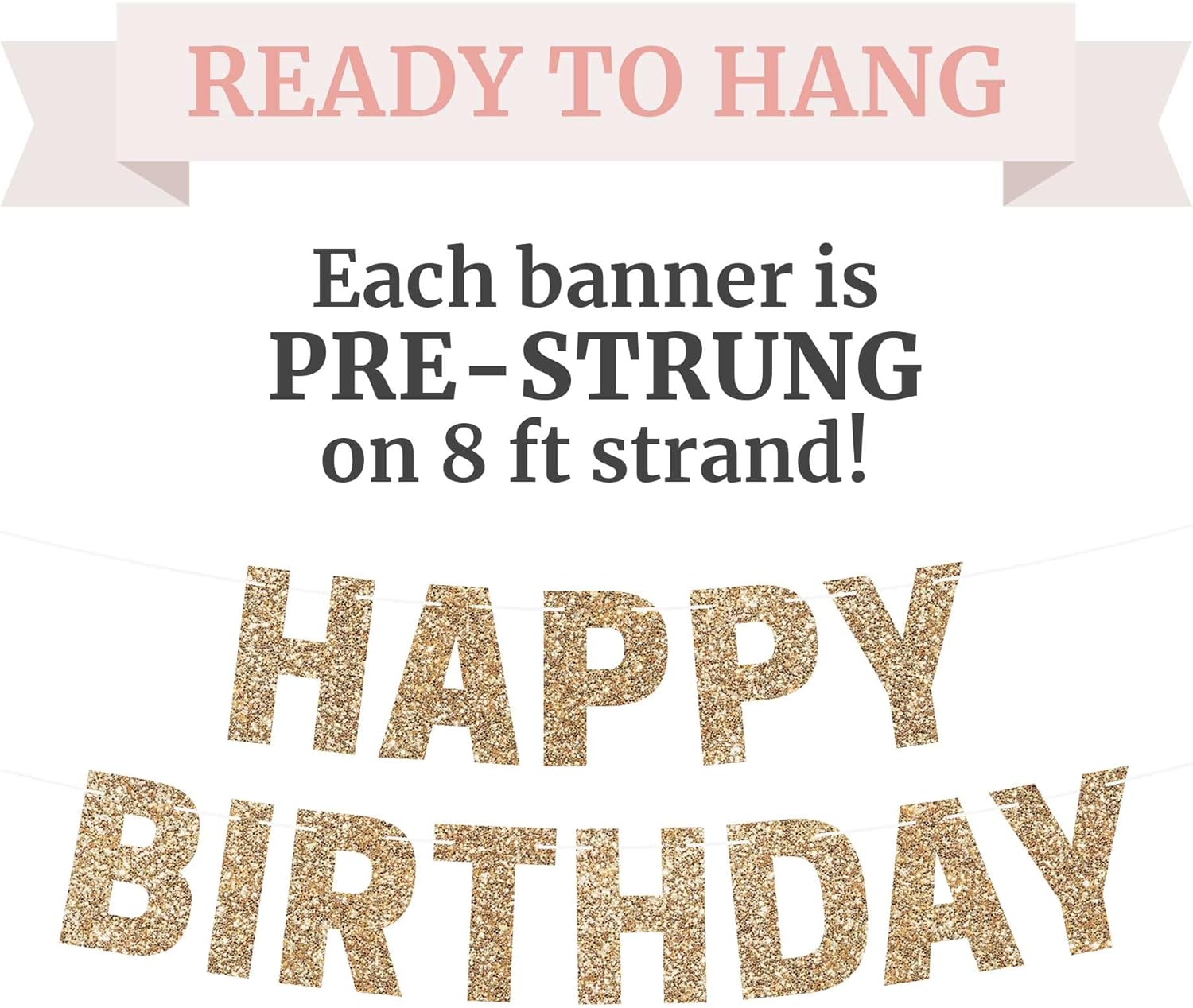 Pre-Strung Gold Glitter Birthday Banner - No DIY