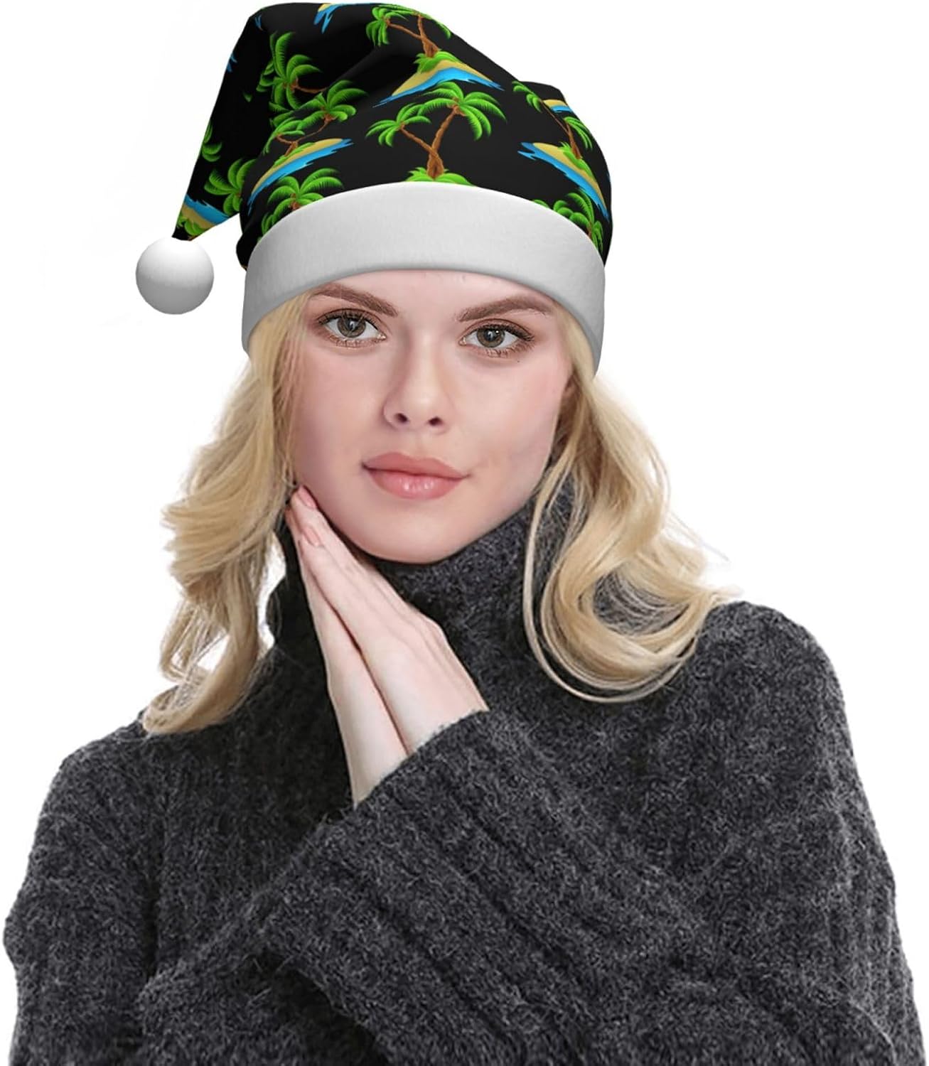 3D Palm Tree Christmas Santa Hat Plush Funny Adult Headwear