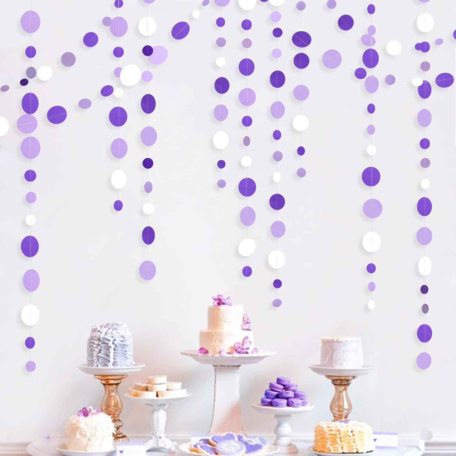 46 Ft Purple White Circle Dot Garland for Birthday Wedding Baby Shower
