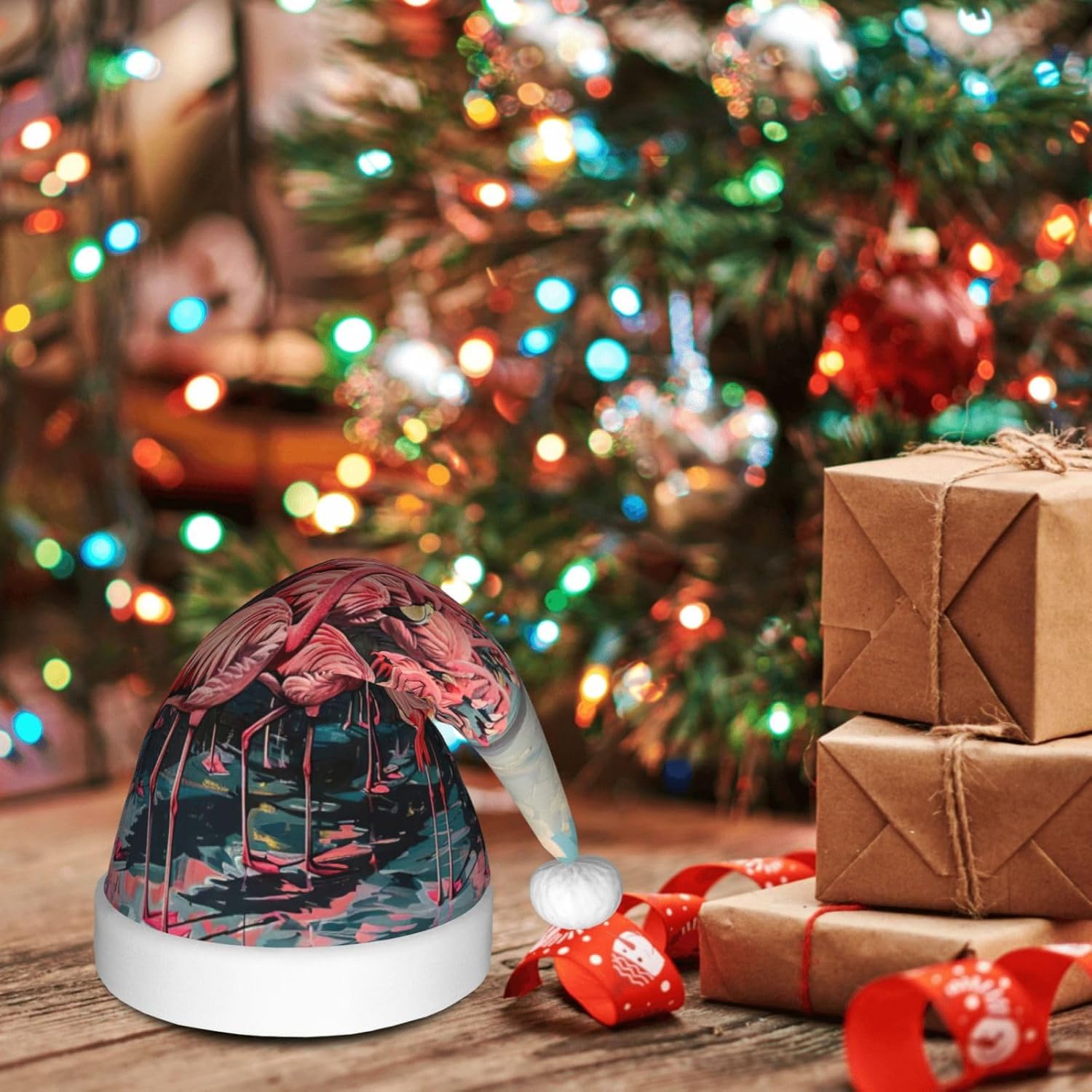Flamingo Print Funny Christmas Santa Hat for Adults