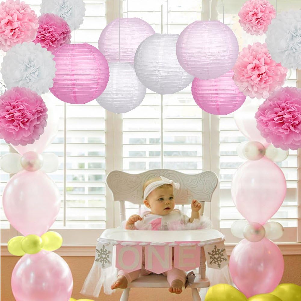 15Pcs Pink White Party Pack Paper Lanterns and Pom Pom Balls