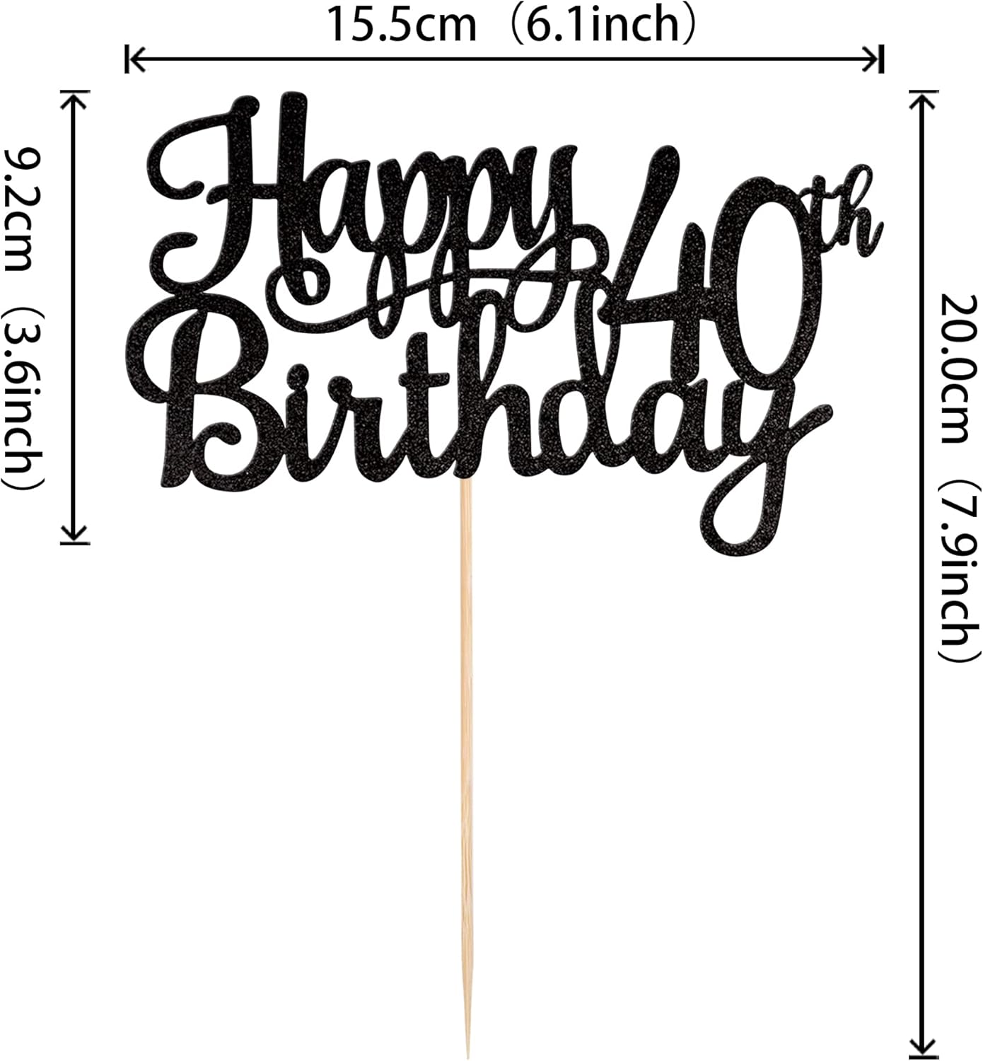Happy 40th Birthday Cake Topper with Glitter Bamboo Stick