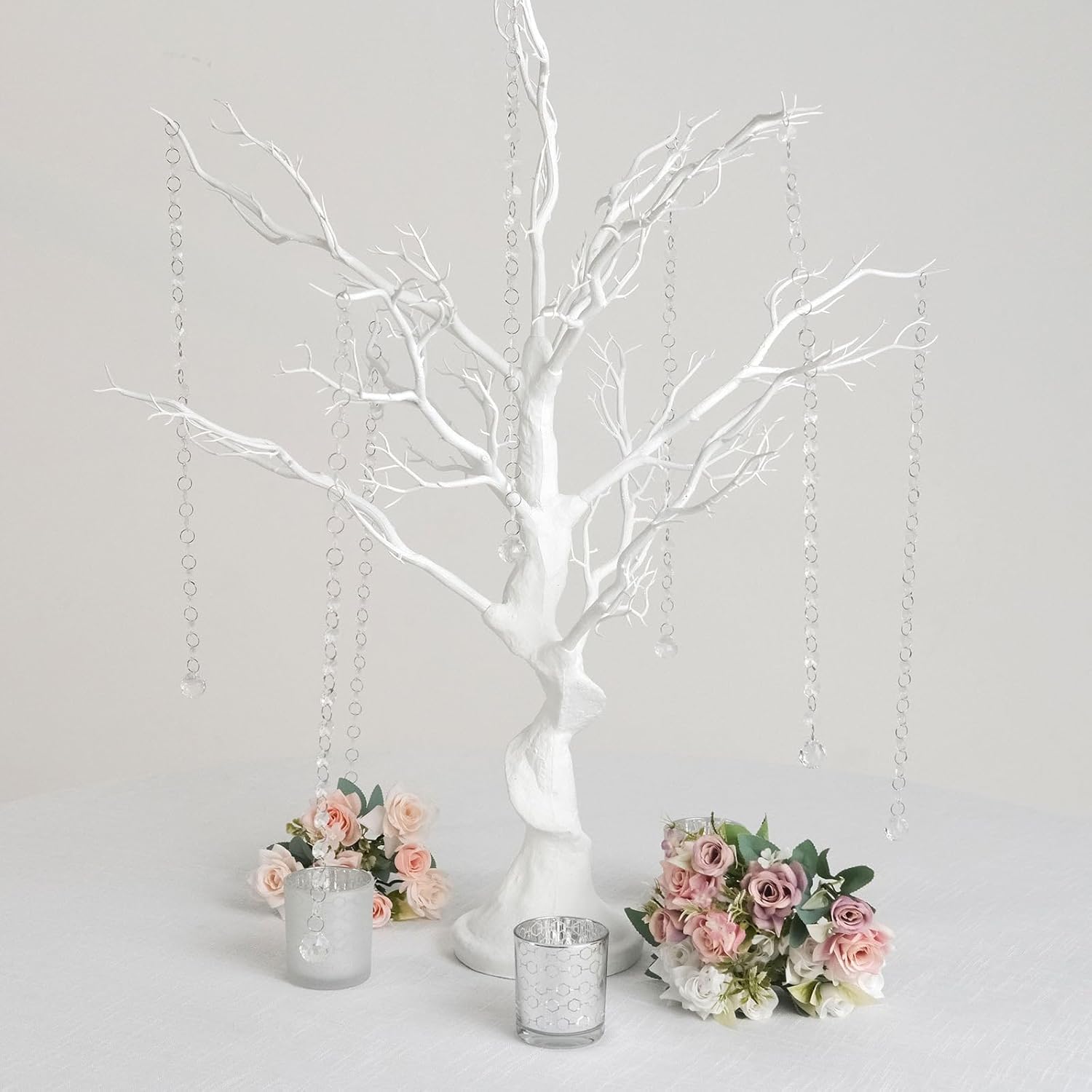 34 in White Metallic Manzanita Tree with 8 Acrylic Bead Chains