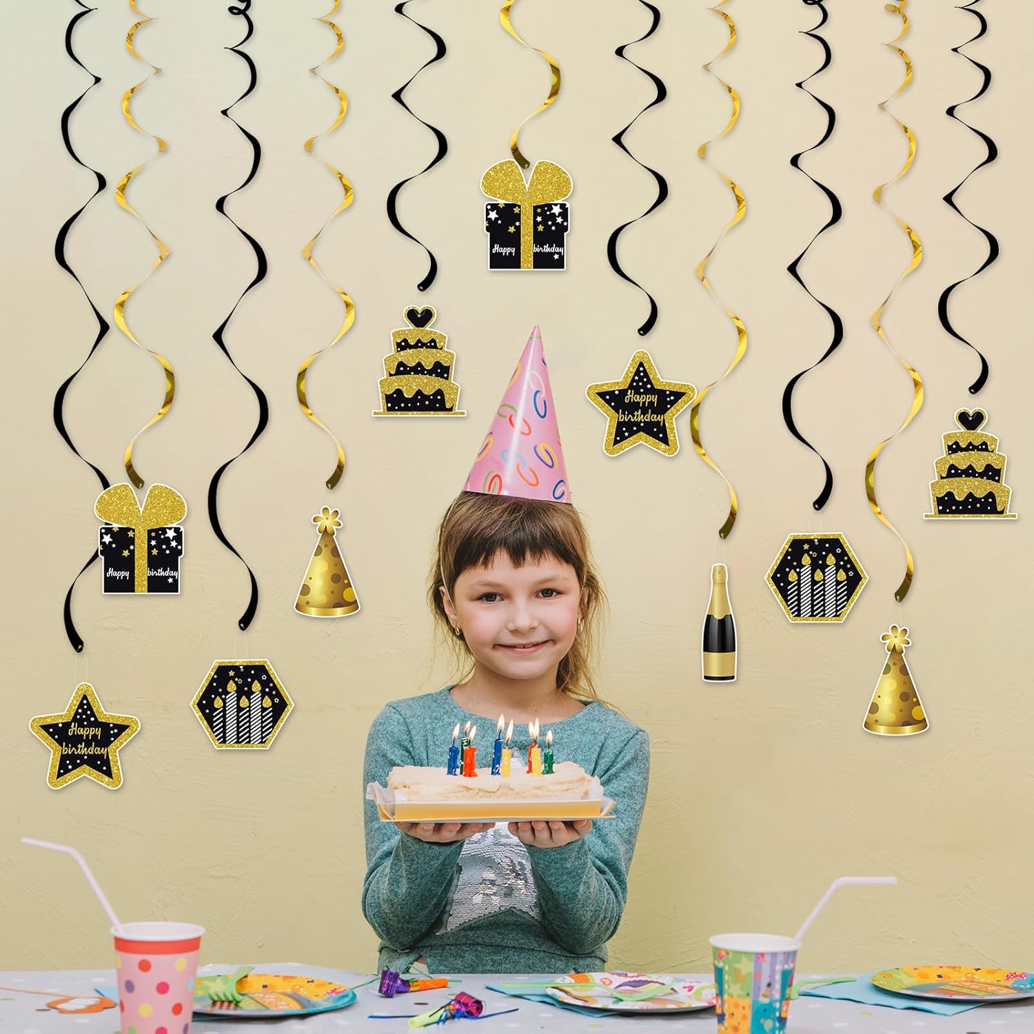 Gold and Black Birthday Ceiling Streamers 18Pcs