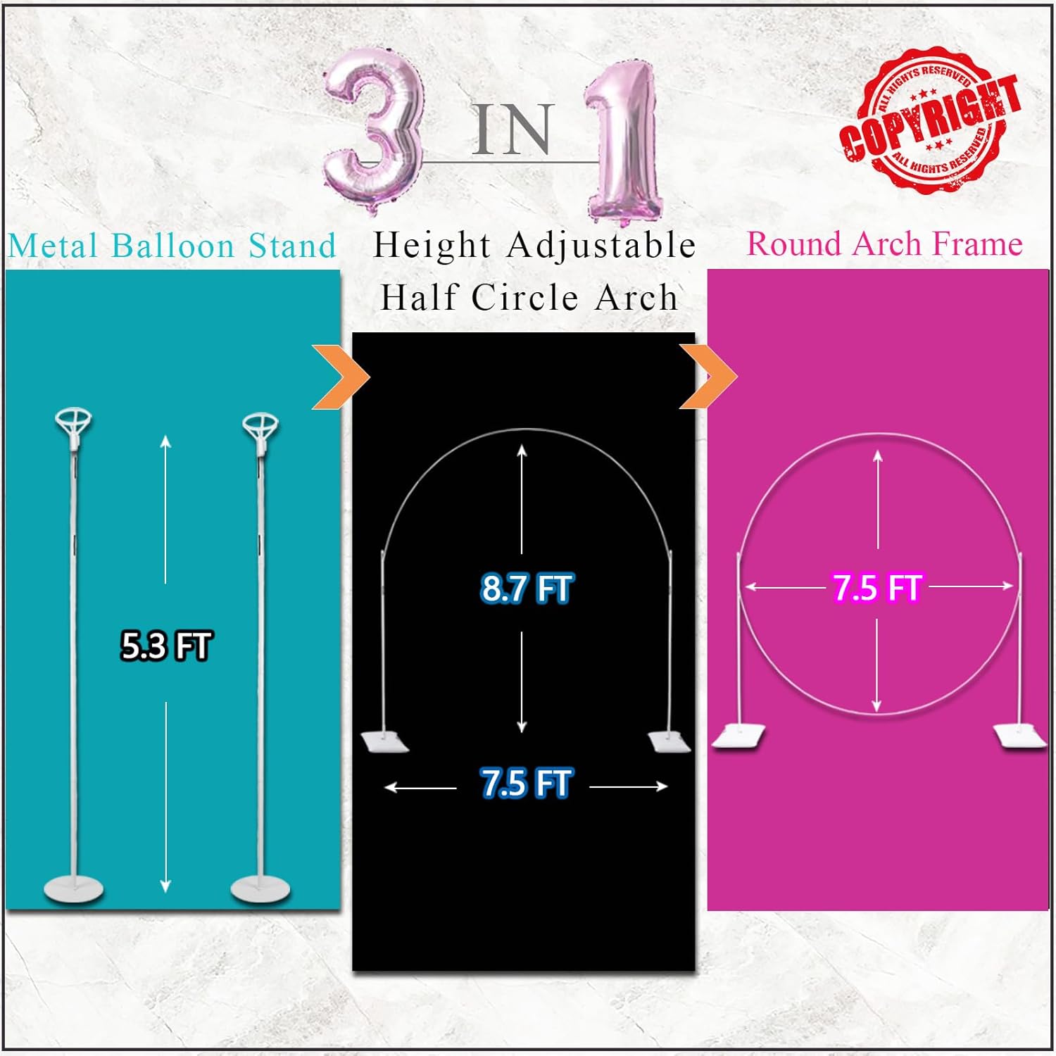 3IN1 Balloon Arch Stand Kit 75ft Round Backdrop Frame