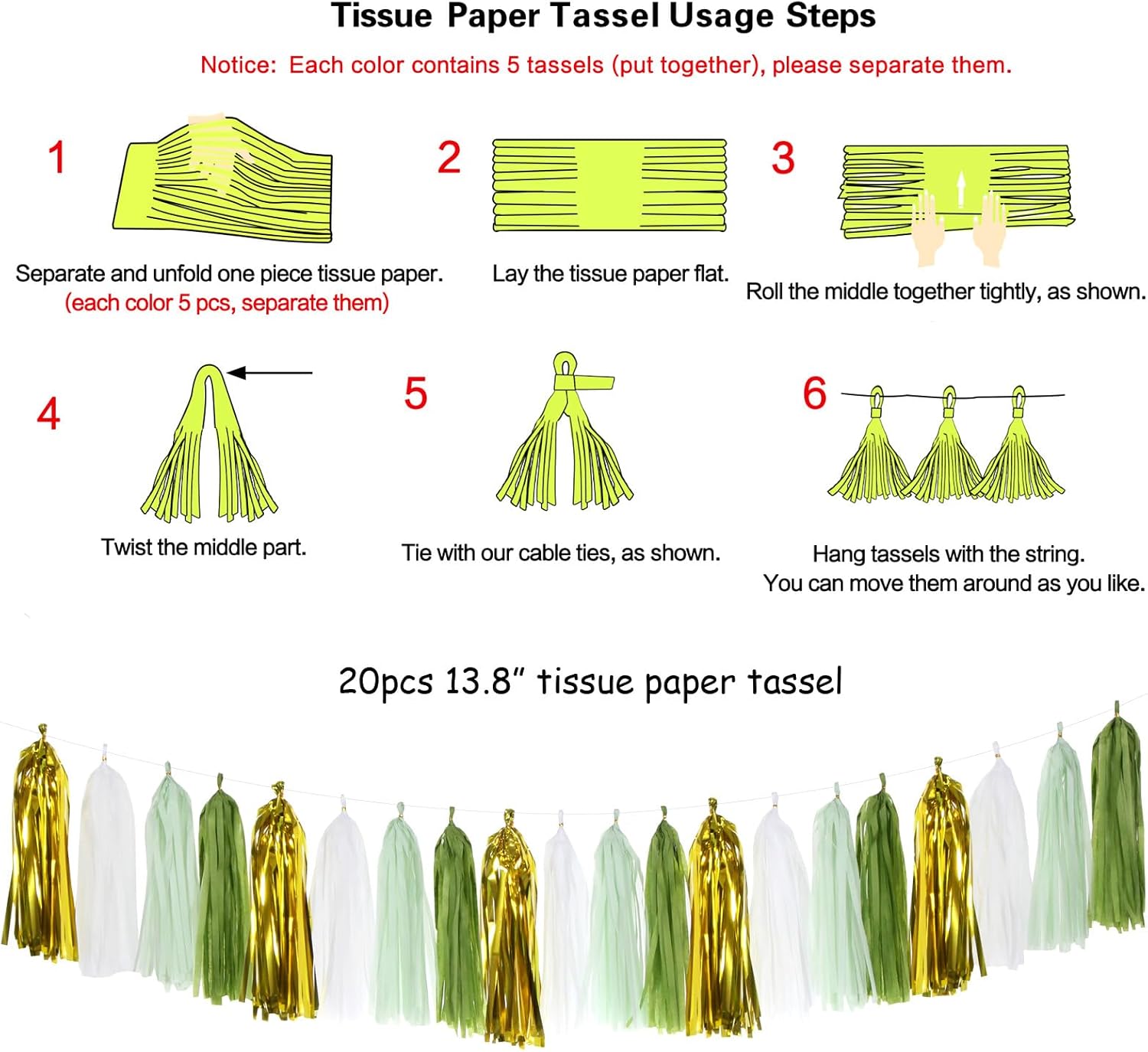 Sage Olive Green Gold Tassel Garland 20pcs