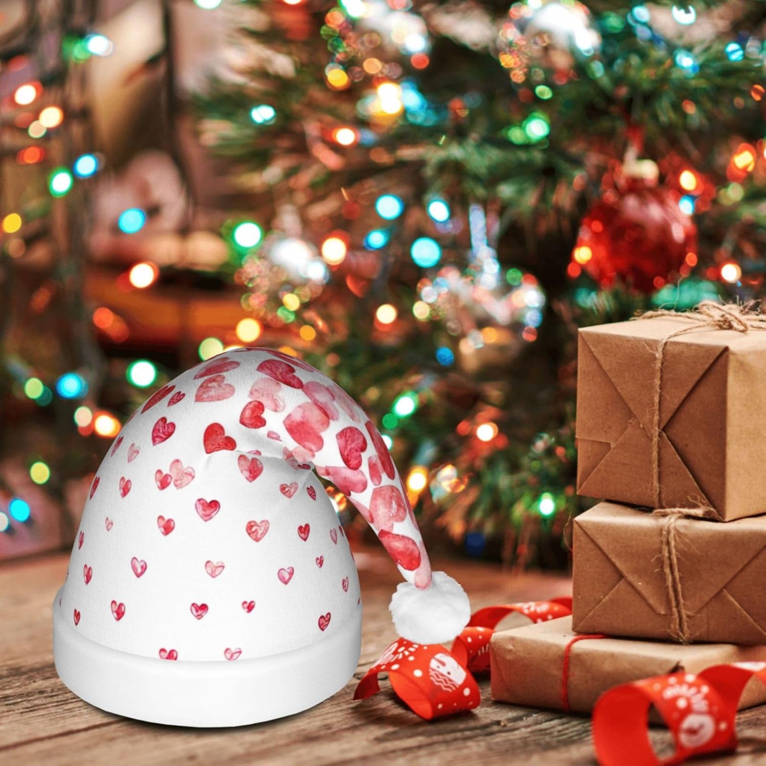 Falling Red Hearts Christmas Hat with LED Lights