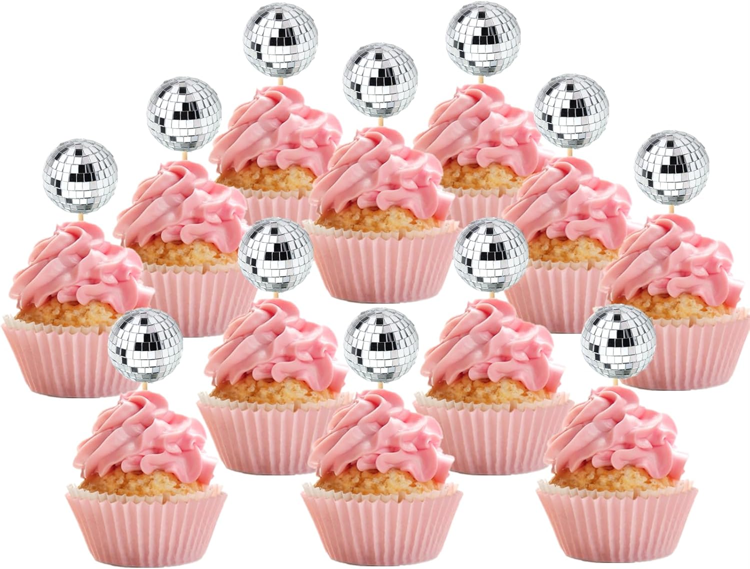 JOERSH 24pcs Disco Ball Cupcake Toppers Silver