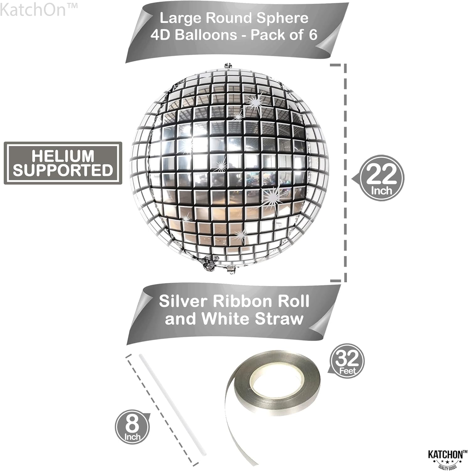 KatchOn Big Silver Disco Ball Balloons 22 Inch Pack of 6