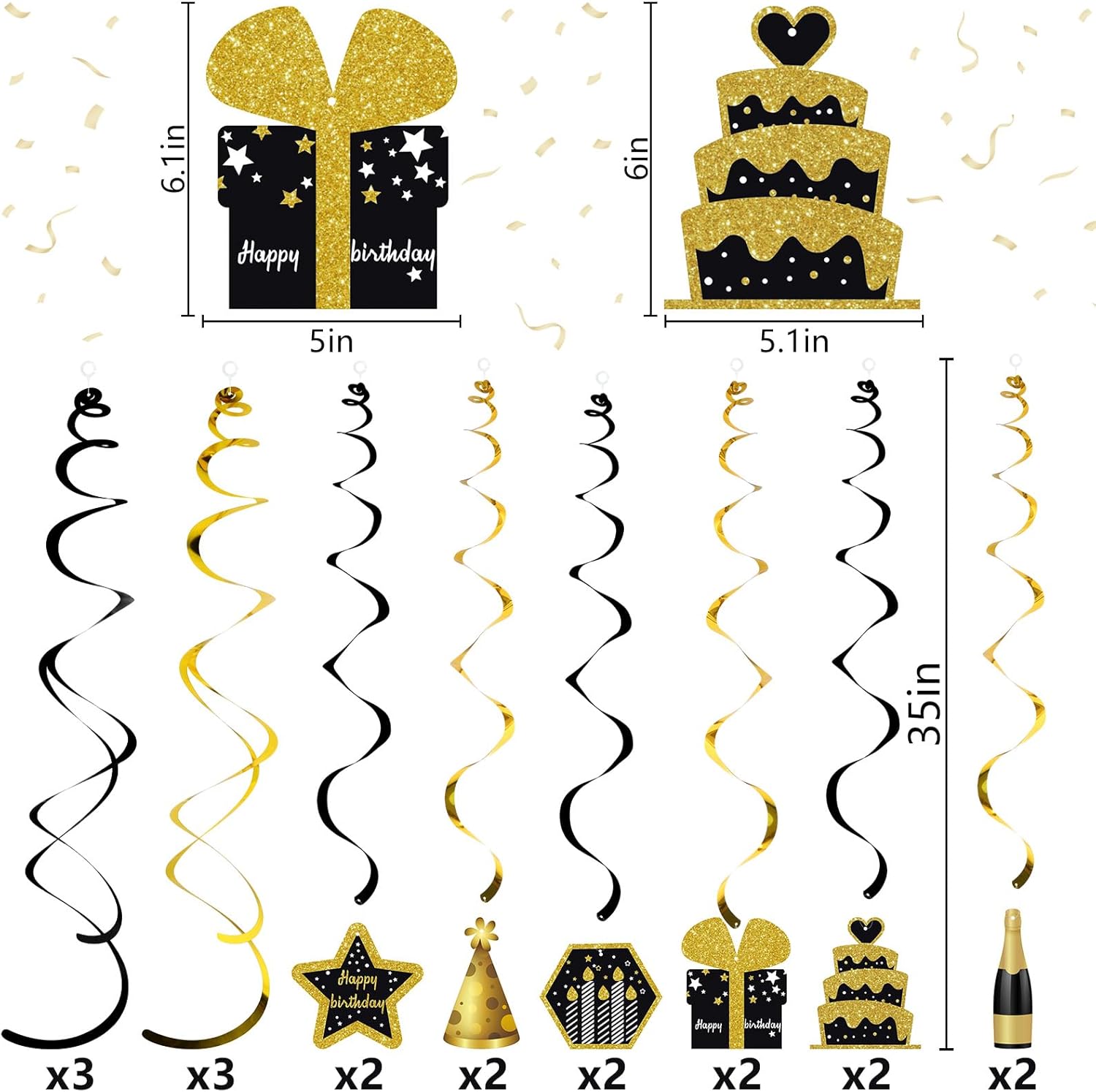 Gold and Black Birthday Ceiling Streamers 18Pcs