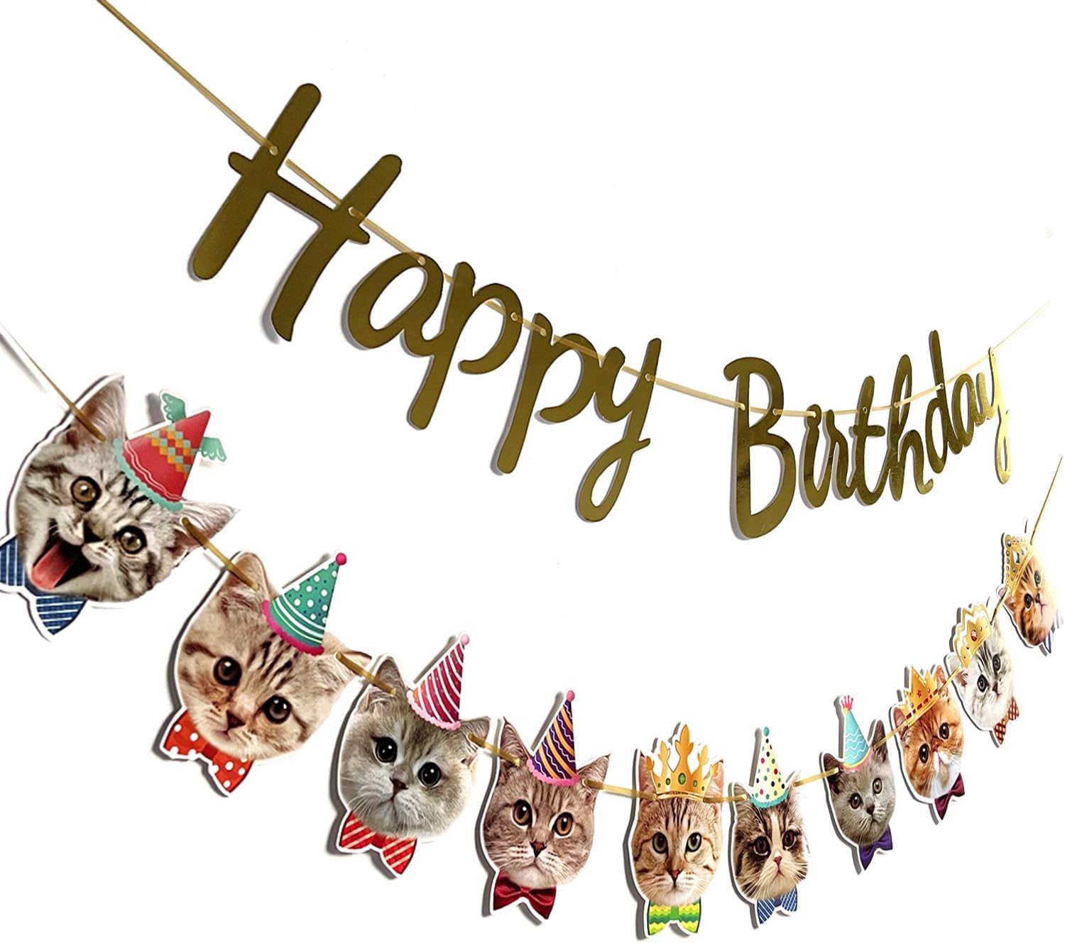 Happy Birthday Cat Banner Garland with Gold Sign