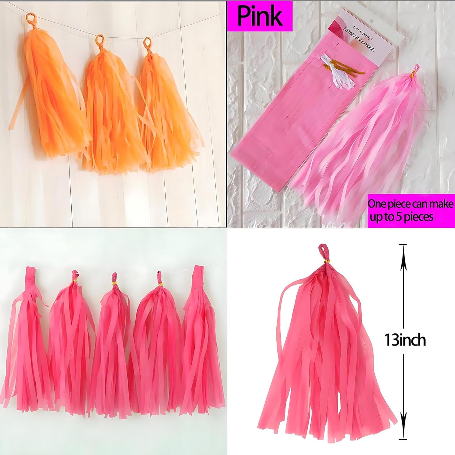 Orange and Pink Rose Red Paper Tassels Garland Banner 30PCS