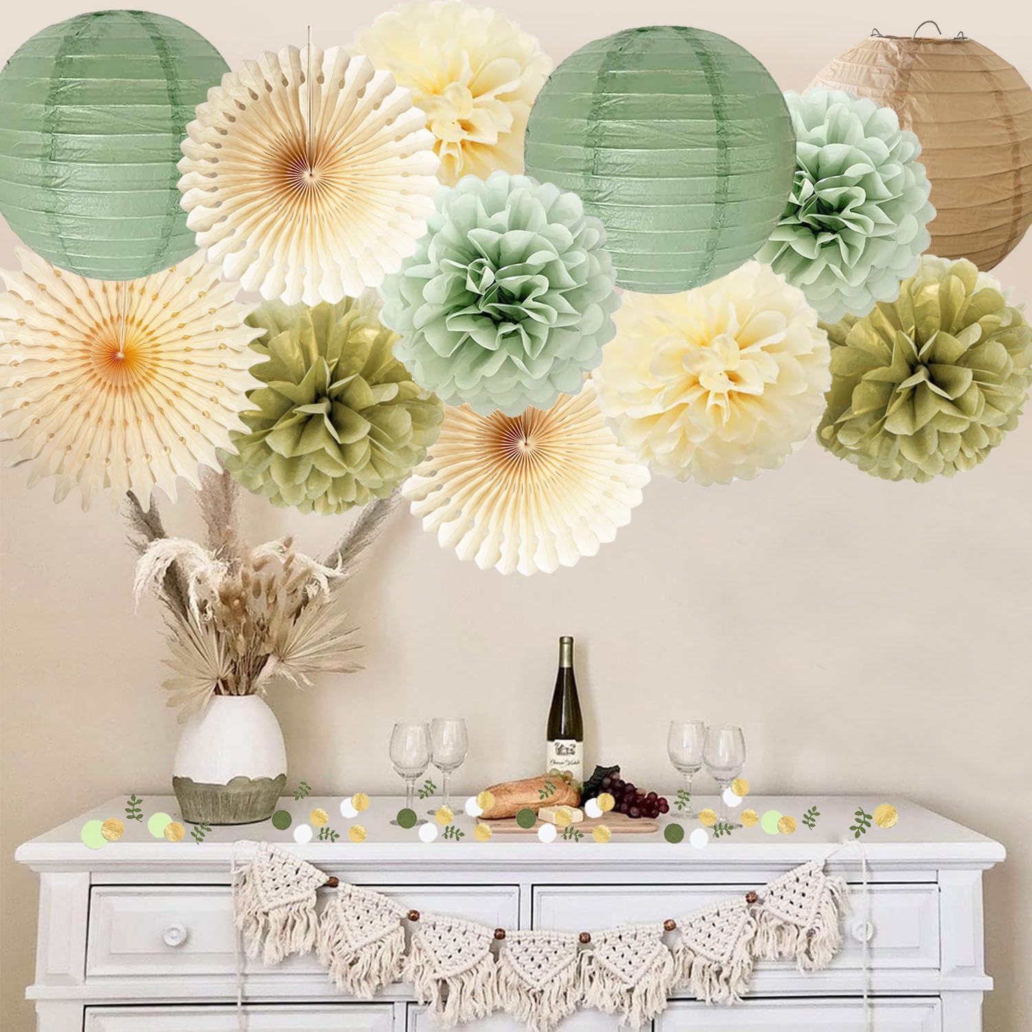 Sage Green Party Decorations Set with Pom Poms and Lanterns