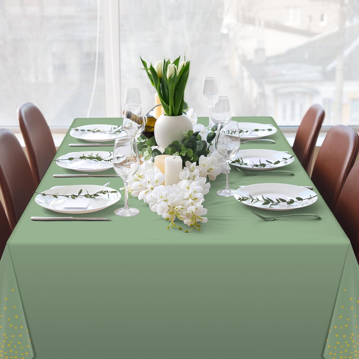 FunnyPars 3 Pack Sage Green Gold Tablecloth 54x108