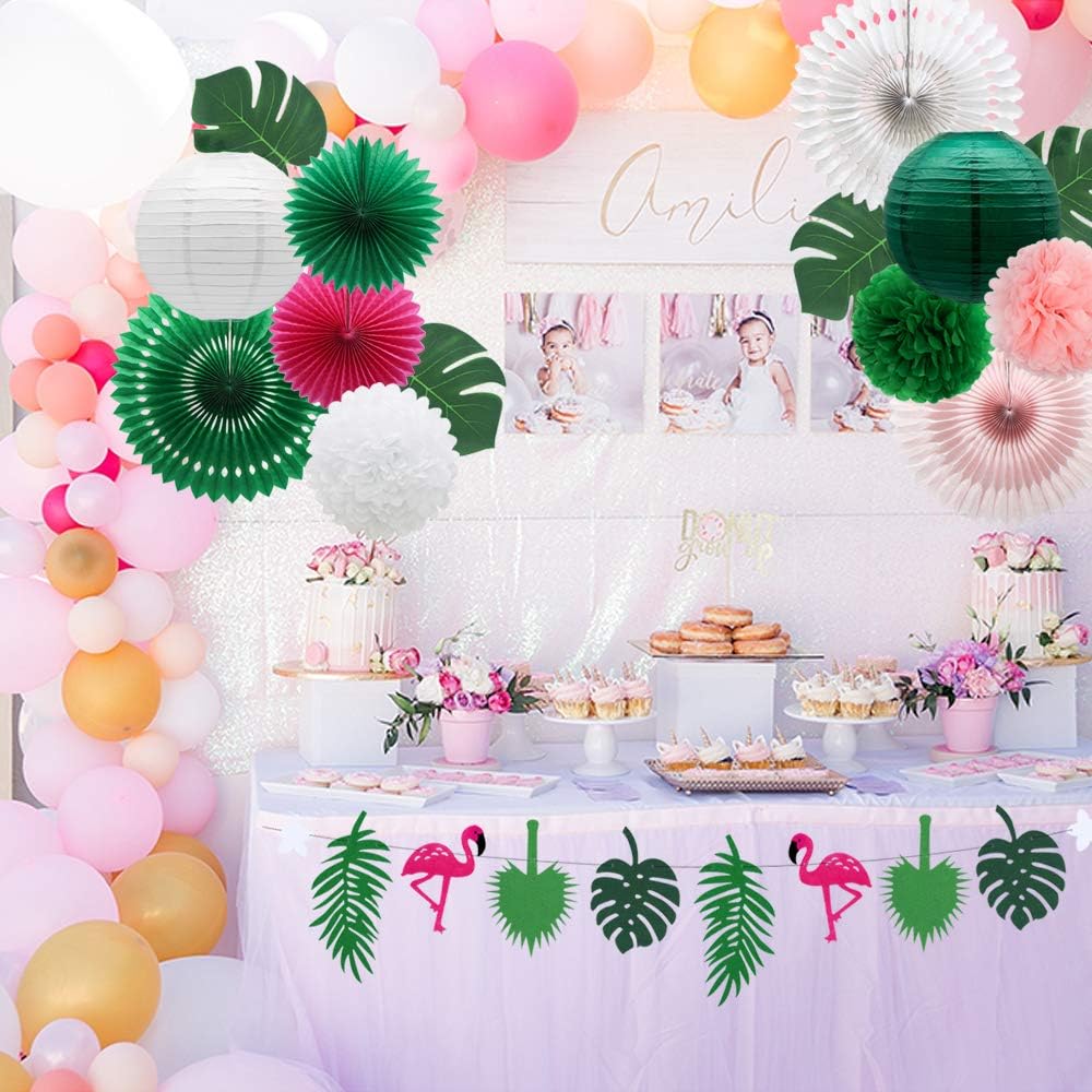 Tropical Flamingo Palm Leaf Decorations Green Summer Party Kit