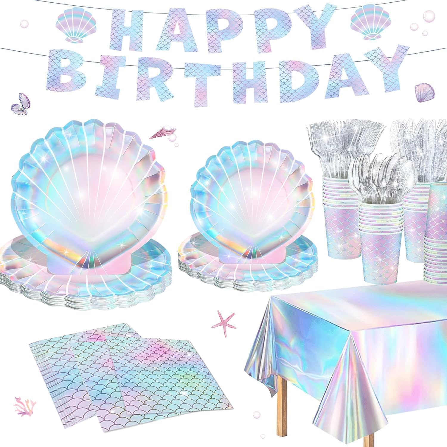 Iridescent Mermaid Shell Party Tableware Set for 20 Guests